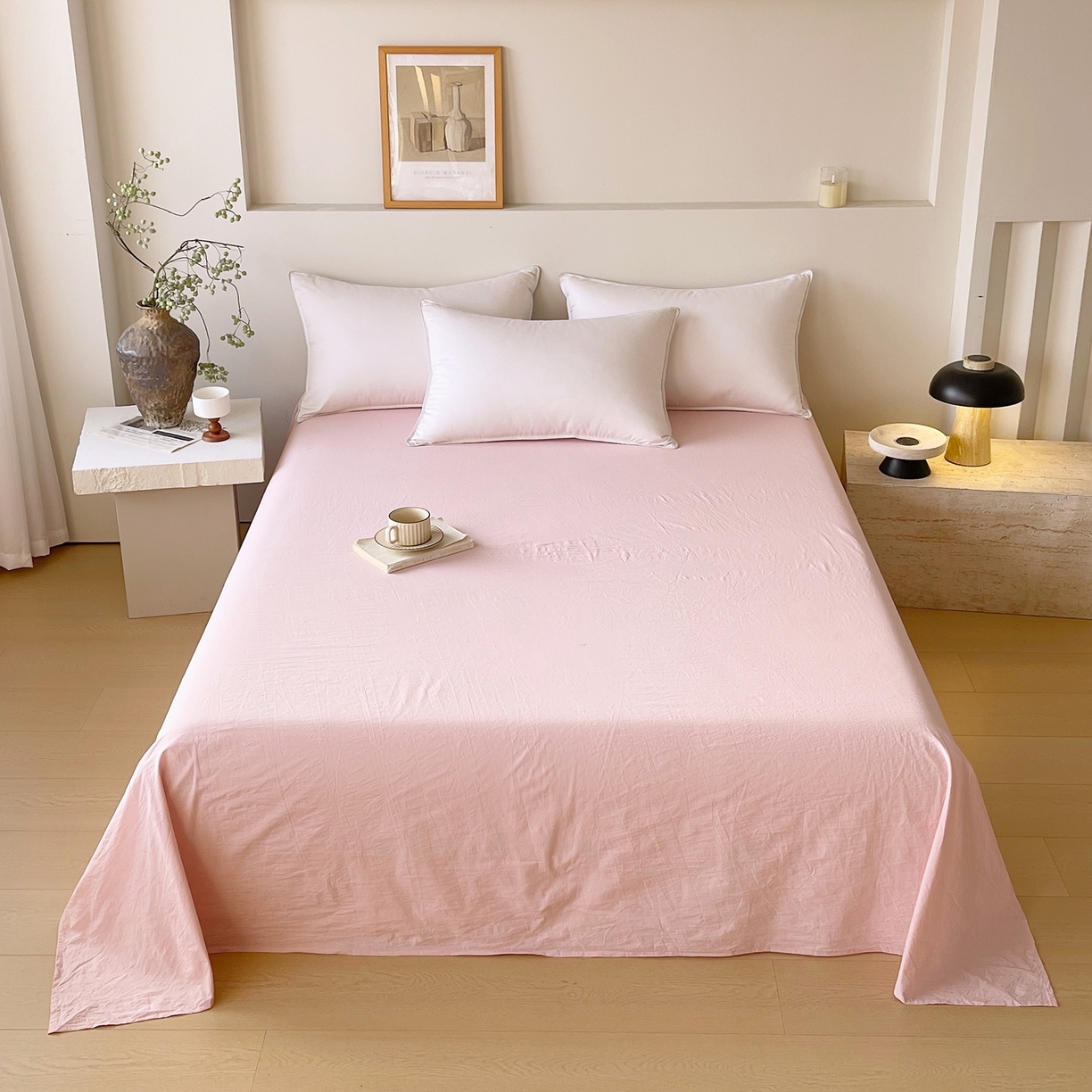 91家纺网 家纺一手货源 找家纺 春皖家纺 2026春夏新款双拼全棉水洗棉单床单床单单件单品床单 樱花粉