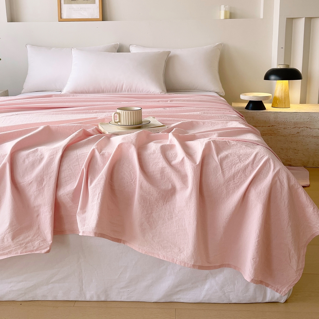 91家纺网 家纺一手货源 找家纺 春皖家纺 2026春夏新款双拼全棉水洗棉单床单床单单件单品床单 樱花粉