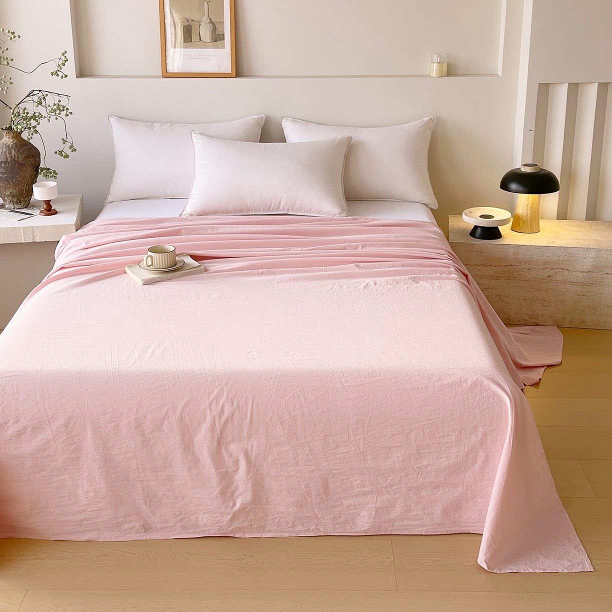 91家纺网 家纺一手货源 找家纺 春皖家纺 2026春夏新款双拼全棉水洗棉单床单床单单件单品床单 樱花粉