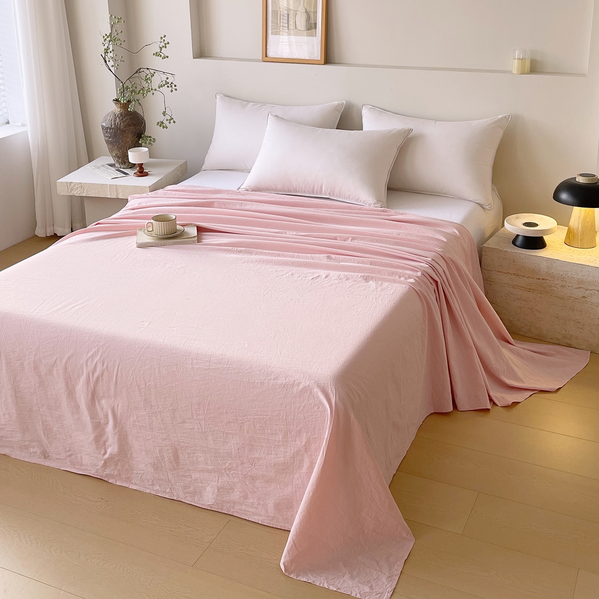 91家纺网 家纺一手货源 找家纺 春皖家纺 2026春夏新款双拼全棉水洗棉单床单床单单件单品床单 樱花粉