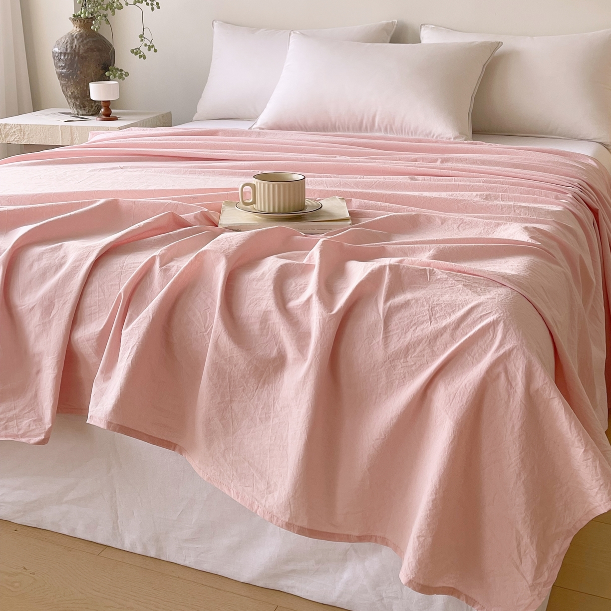 91家纺网 家纺一手货源 找家纺 春皖家纺 2026春夏新款双拼全棉水洗棉单床单床单单件单品床单 樱花粉