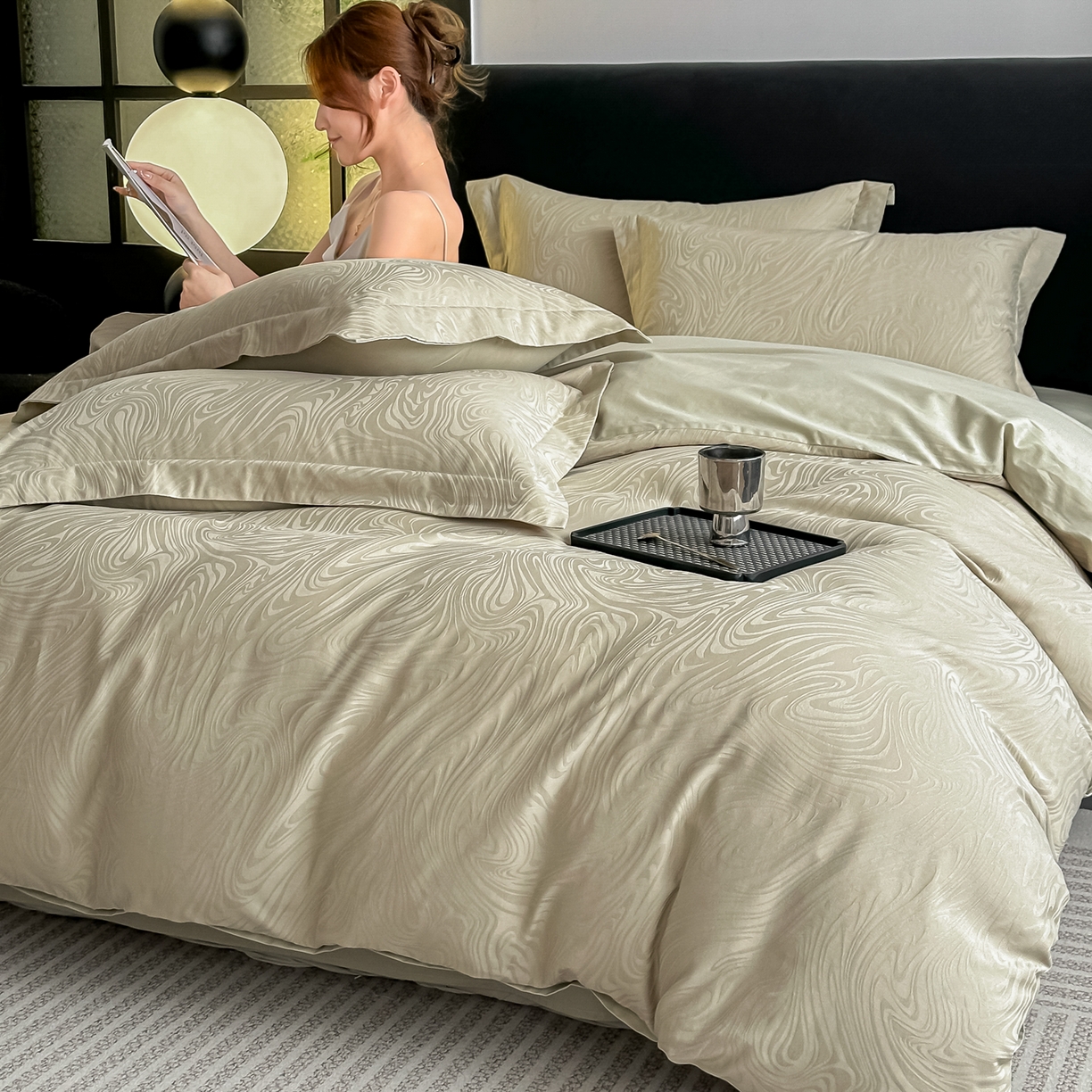 91家纺网 家纺一手货源 找家纺 宅家居 2026新款轻奢A类60支立体浮雕长绒棉纯棉提花贡缎全棉四件套光泽绸缎感三件套 幻纤影-香槟绿