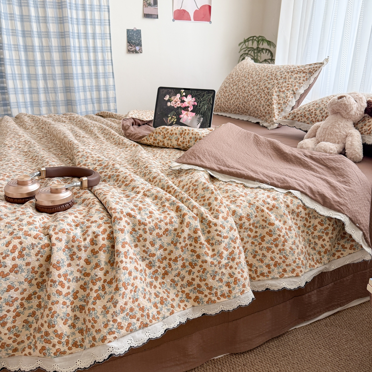 91家纺网 家纺一手货源 找家纺 欧尚 2026新款蕾丝花边夏被款四件套 暖橘枝