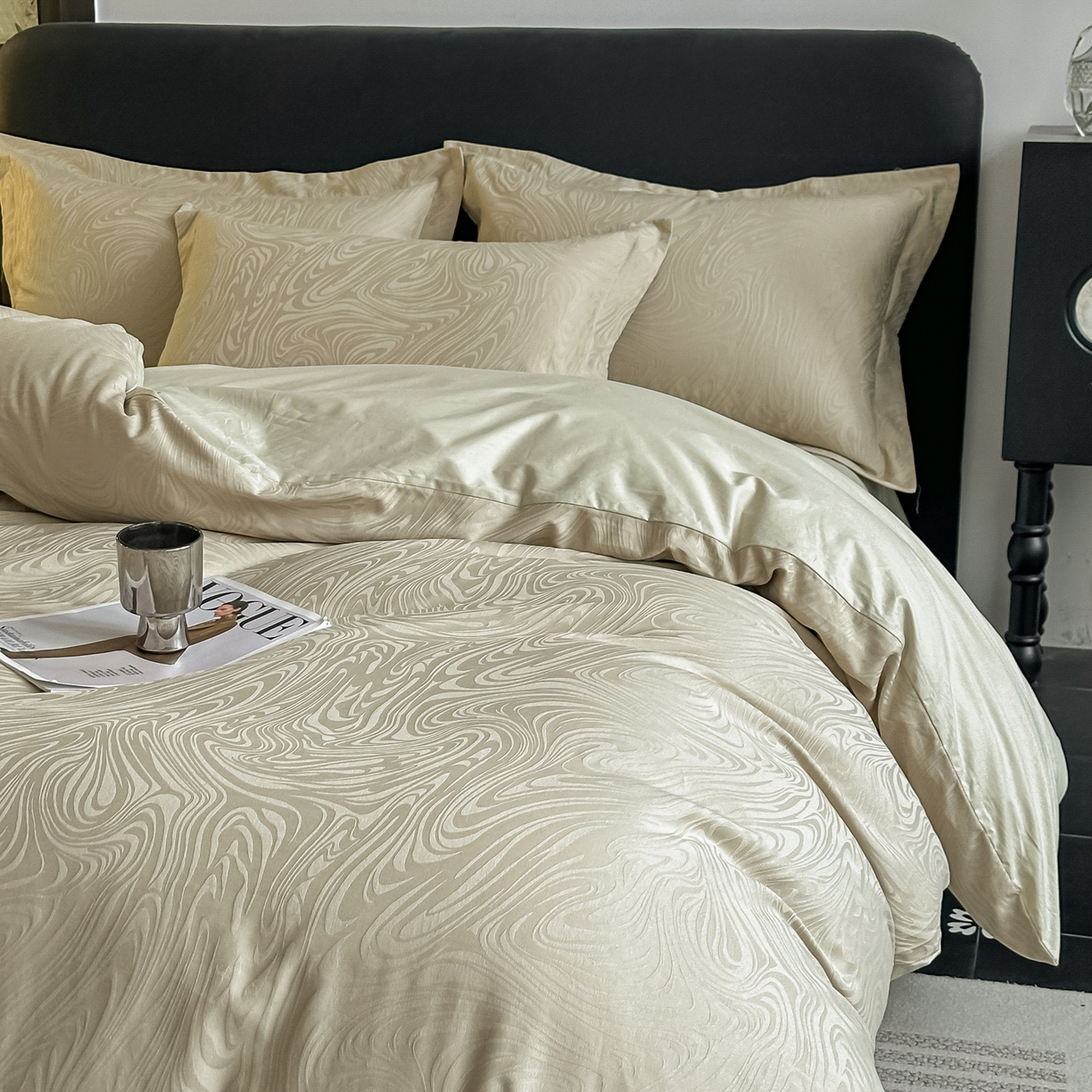 91家纺网 家纺一手货源 找家纺 宅家居 2026新款轻奢A类60支立体浮雕长绒棉纯棉提花贡缎全棉四件套光泽绸缎感三件套 幻纤影-香槟绿