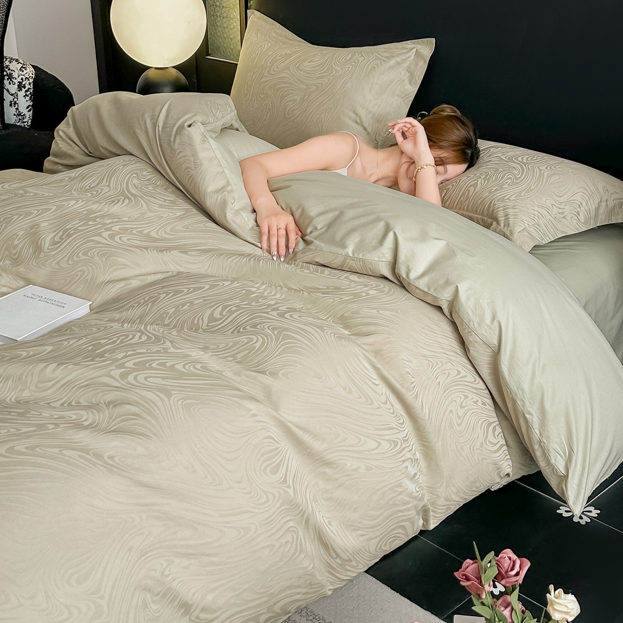 91家纺网 家纺一手货源 找家纺 宅家居 2026新款轻奢A类60支立体浮雕长绒棉纯棉提花贡缎全棉四件套光泽绸缎感三件套 幻纤影-香槟绿