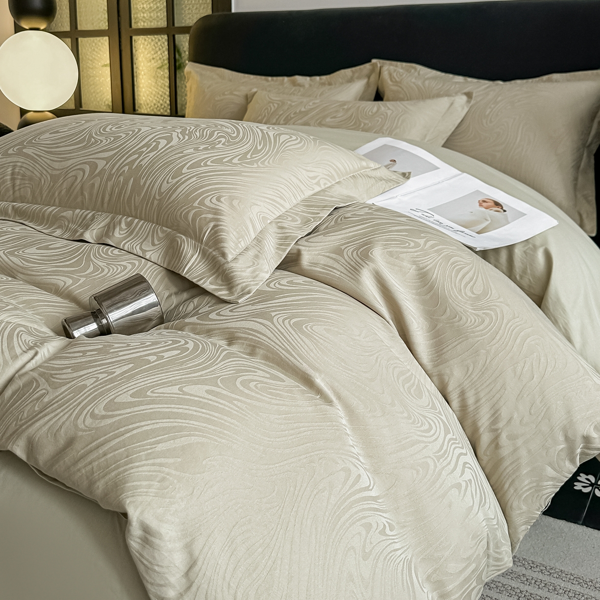 91家纺网 家纺一手货源 找家纺 宅家居 2026新款轻奢A类60支立体浮雕长绒棉纯棉提花贡缎全棉四件套光泽绸缎感三件套 幻纤影-香槟绿