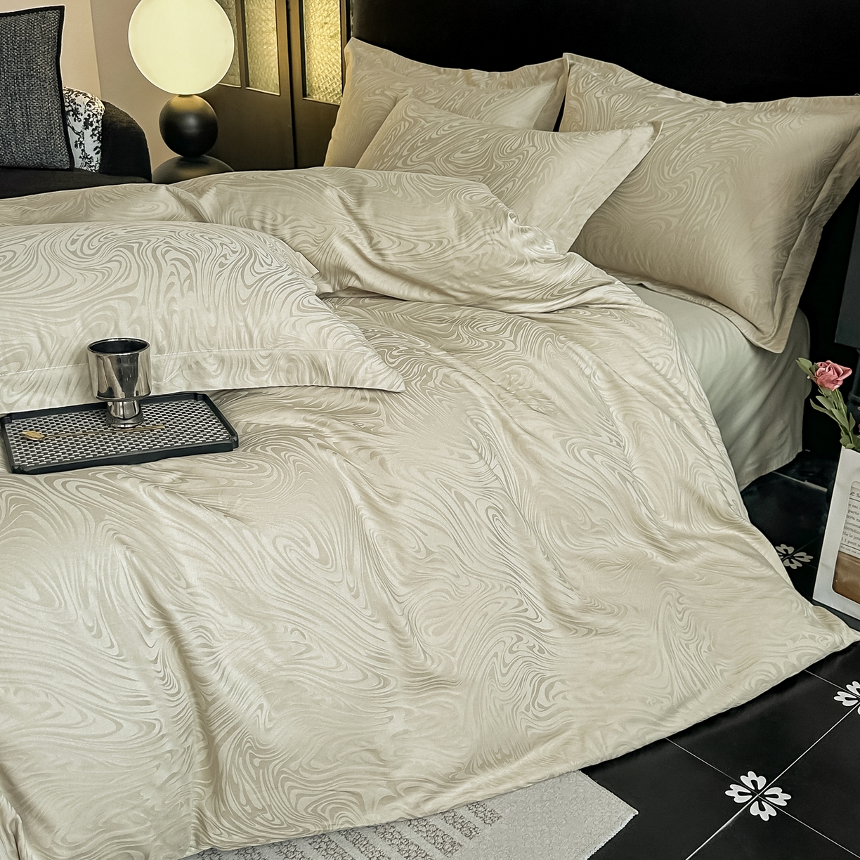 91家纺网 家纺一手货源 找家纺 宅家居 2026新款轻奢A类60支立体浮雕长绒棉纯棉提花贡缎全棉四件套光泽绸缎感三件套 幻纤影-香槟绿