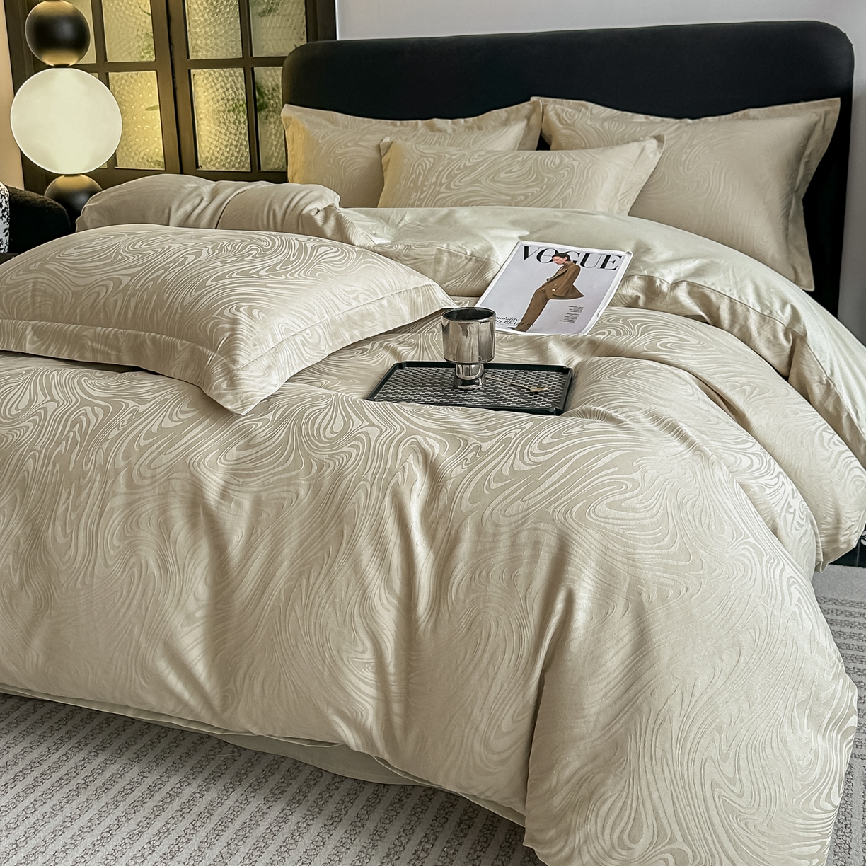 91家纺网 家纺一手货源 找家纺 宅家居 2026新款轻奢A类60支立体浮雕长绒棉纯棉提花贡缎全棉四件套光泽绸缎感三件套 幻纤影-香槟绿