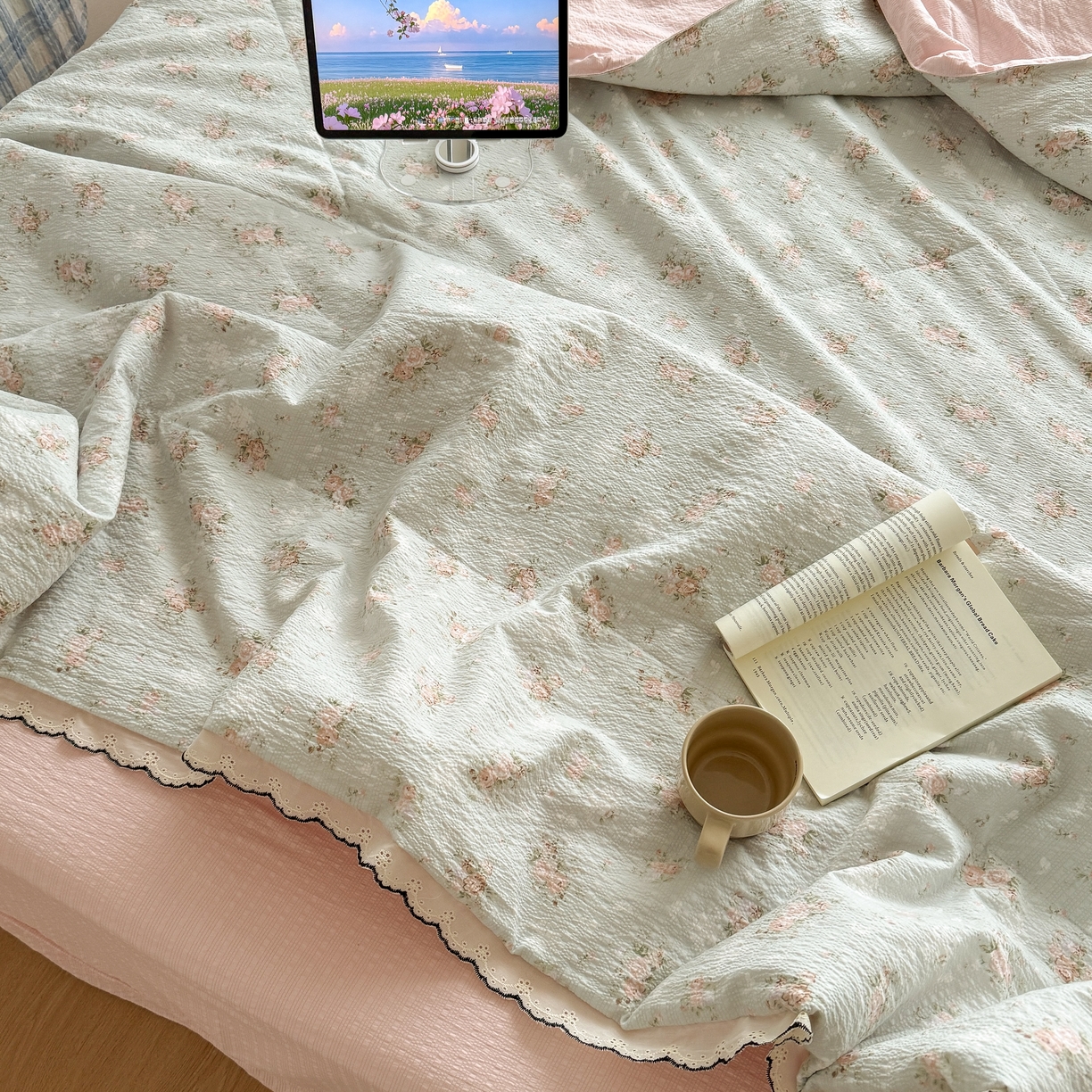 91家纺网 家纺一手货源 找家纺 欧尚 2026新款蕾丝花边夏被款四件套 柔诗意