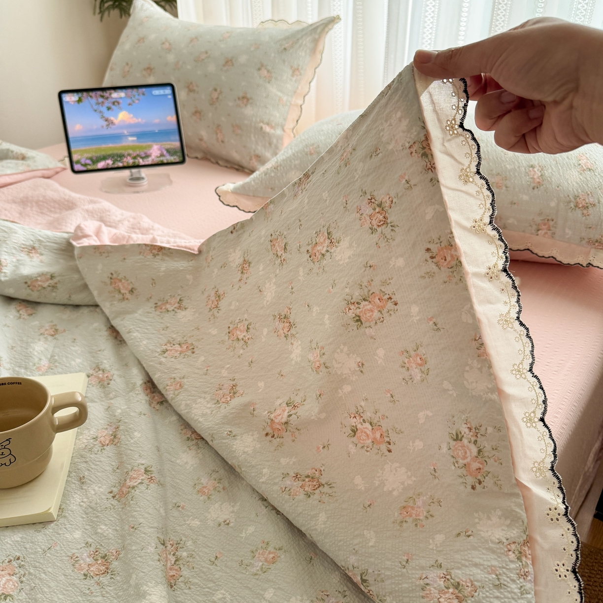 91家纺网 家纺一手货源 找家纺 欧尚 2026新款蕾丝花边夏被款四件套 柔诗意