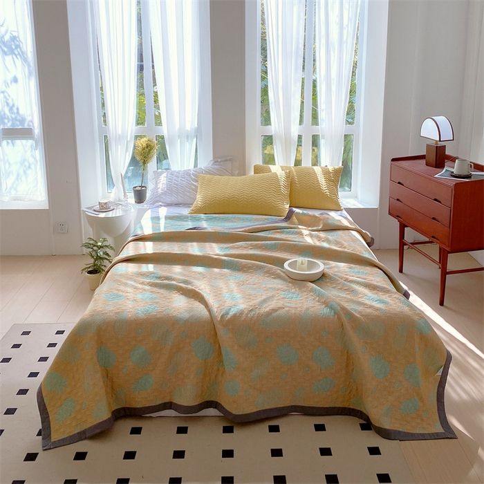 91家纺网 家纺一手货源 找家纺 兄弟坊 2026新款A类全棉三层纱多功能毛巾被夏被夏凉被（盖毯床单夏被） 菠萝气泡-黄