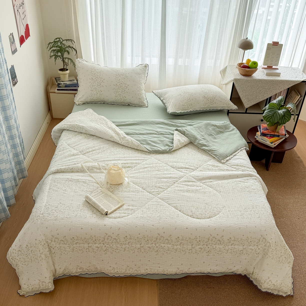 91家纺网 家纺一手货源 找家纺 欧尚 2026新款蕾丝花边夏被款四件套 绿意