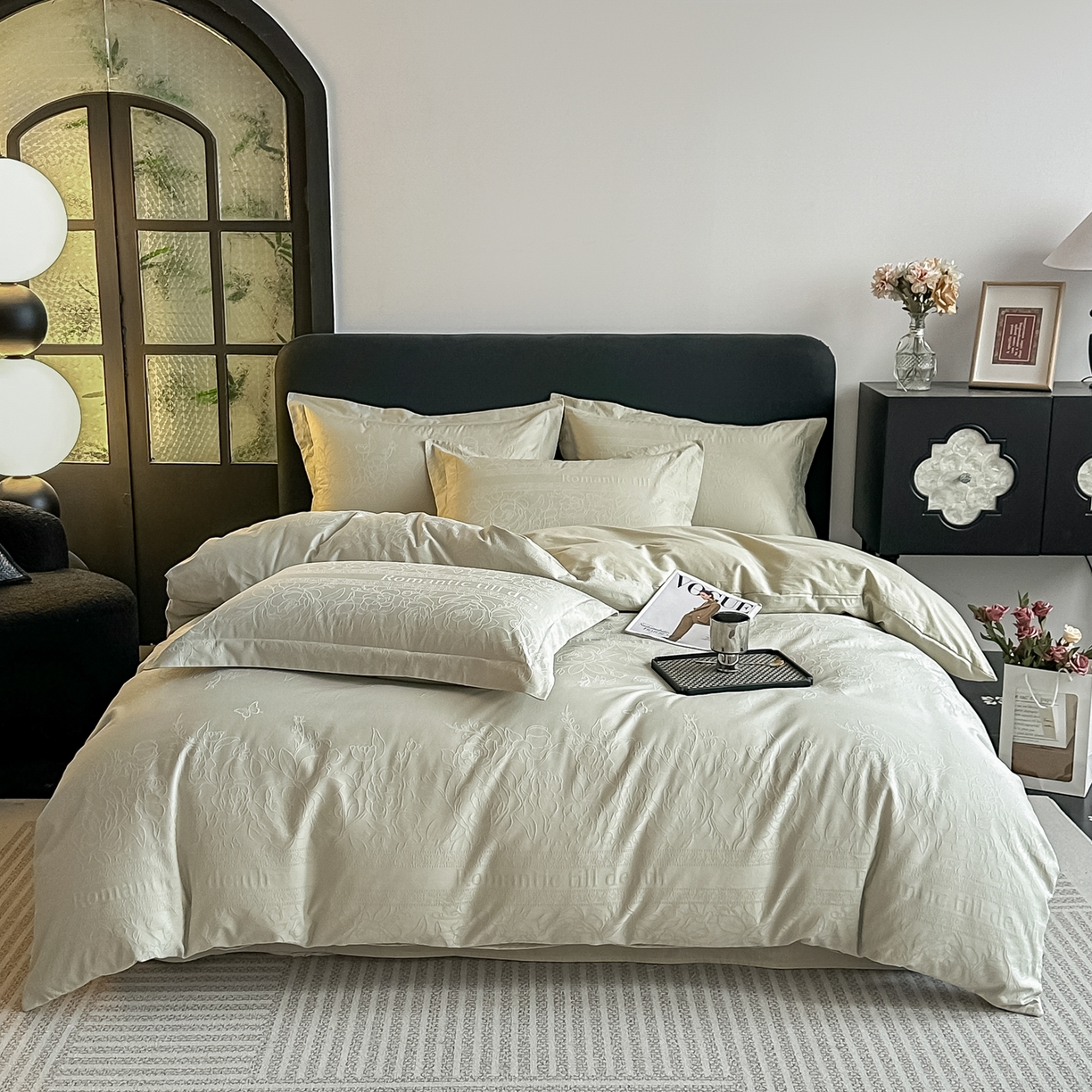 宅家居 2026新款轻奢A类60支立体浮雕长绒棉纯棉提花贡缎全棉四件套光泽绸缎感三件套 恋曲花语-香槟绿