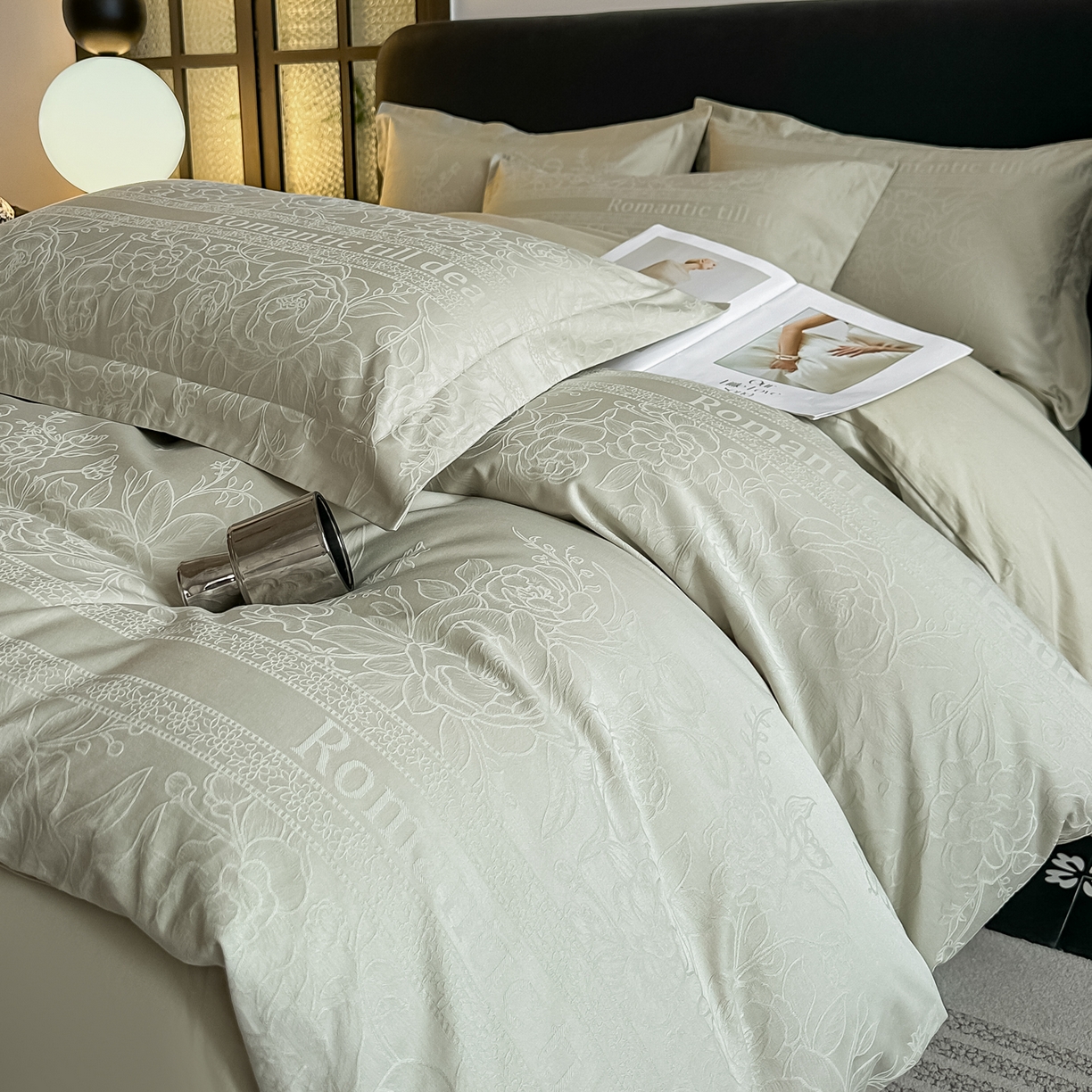 91家纺网 家纺一手货源 找家纺 宅家居 2026新款轻奢A类60支立体浮雕长绒棉纯棉提花贡缎全棉四件套光泽绸缎感三件套 恋曲花语-香槟绿