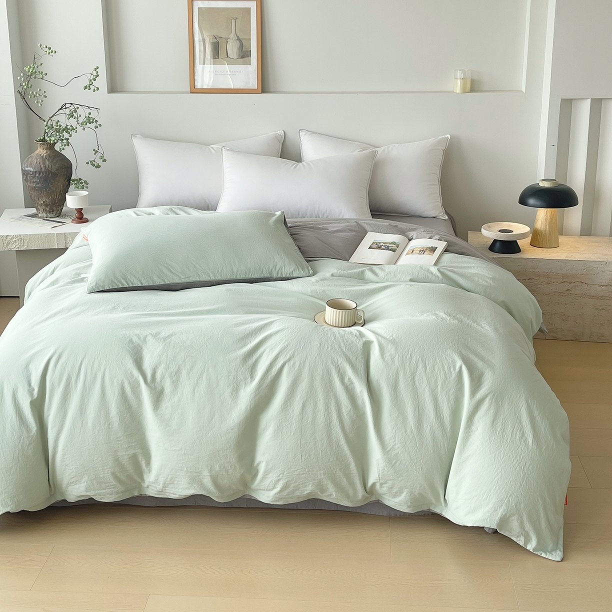 春皖家纺 2026春夏新款双拼全棉水洗棉单被套被套单件单品被套 薄荷绿-浅灰