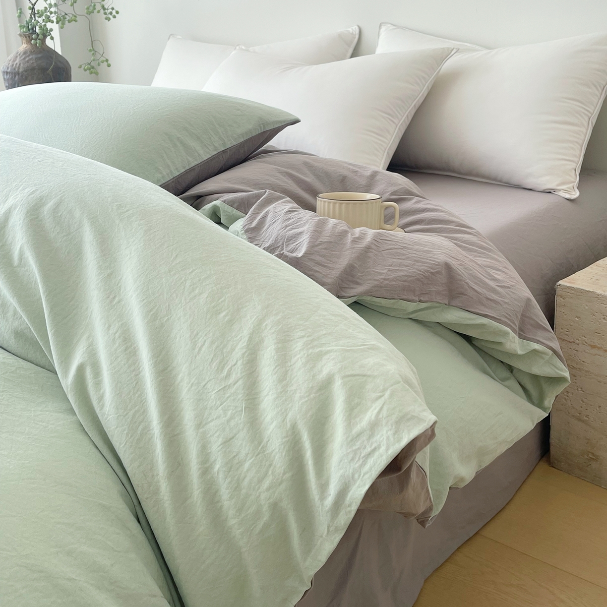 91家纺网 家纺一手货源 找家纺 春皖家纺 2026春夏新款双拼全棉水洗棉单被套被套单件单品被套 薄荷绿-浅灰