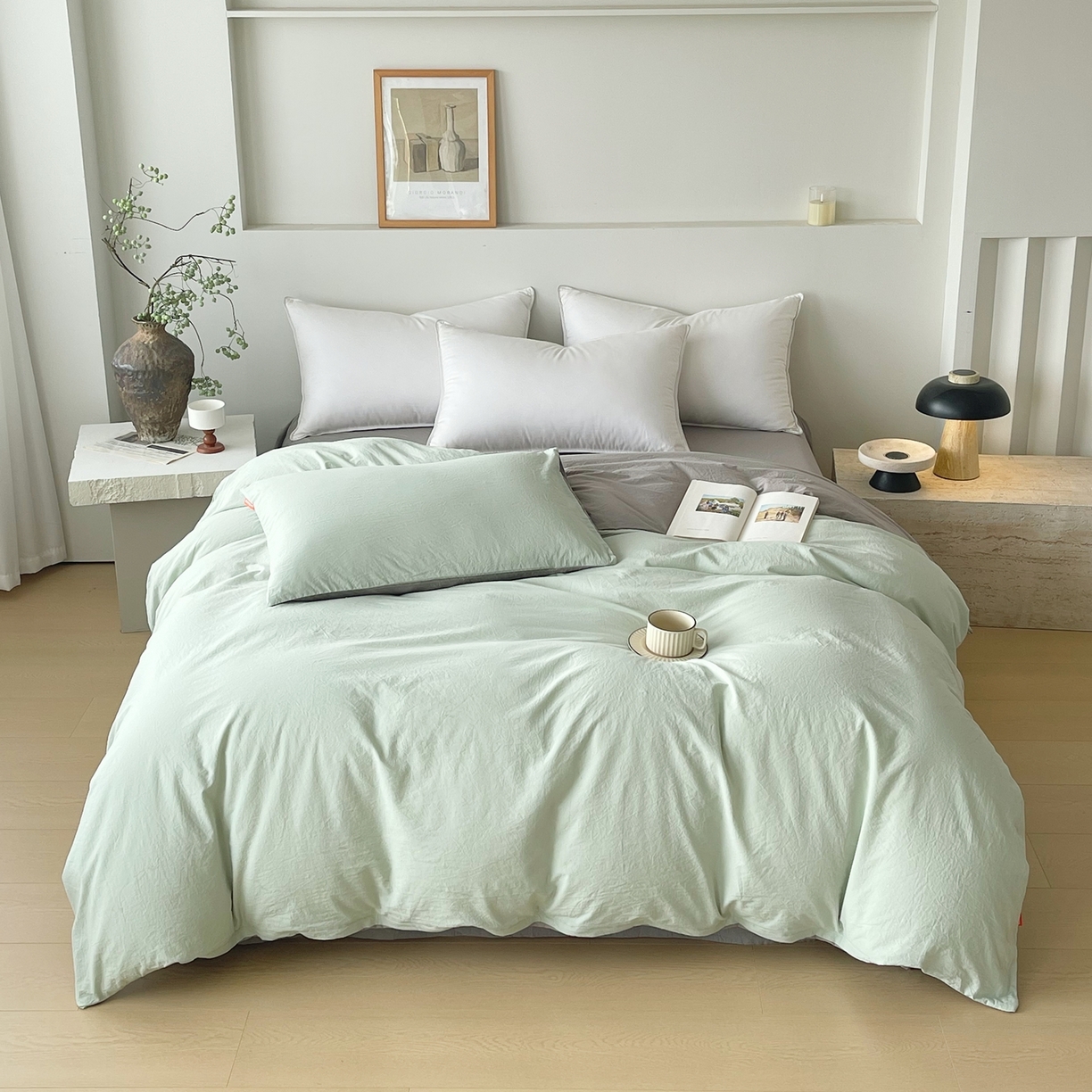 91家纺网 家纺一手货源 找家纺 春皖家纺 2026春夏新款双拼全棉水洗棉单被套被套单件单品被套 薄荷绿-浅灰