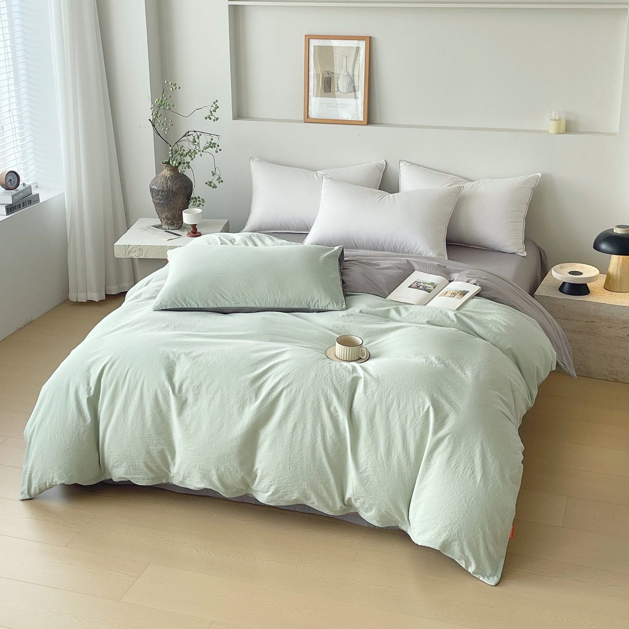 91家纺网 家纺一手货源 找家纺 春皖家纺 2026春夏新款双拼全棉水洗棉单被套被套单件单品被套 薄荷绿-浅灰