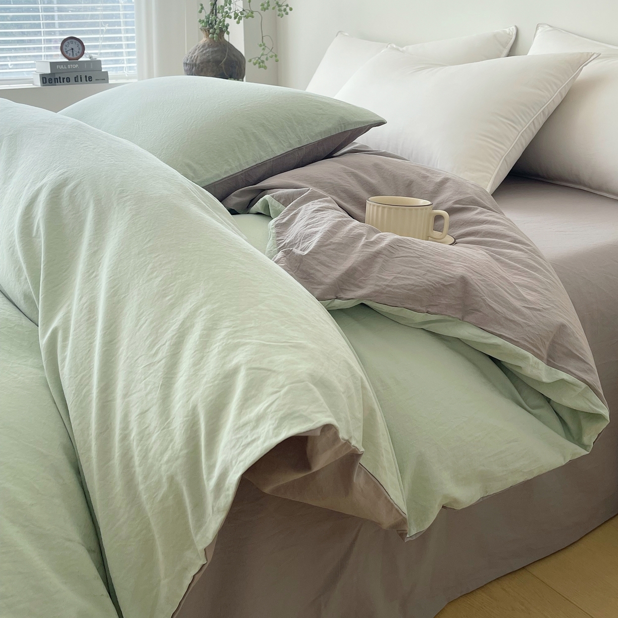 91家纺网 家纺一手货源 找家纺 春皖家纺 2026春夏新款双拼全棉水洗棉单被套被套单件单品被套 薄荷绿-浅灰