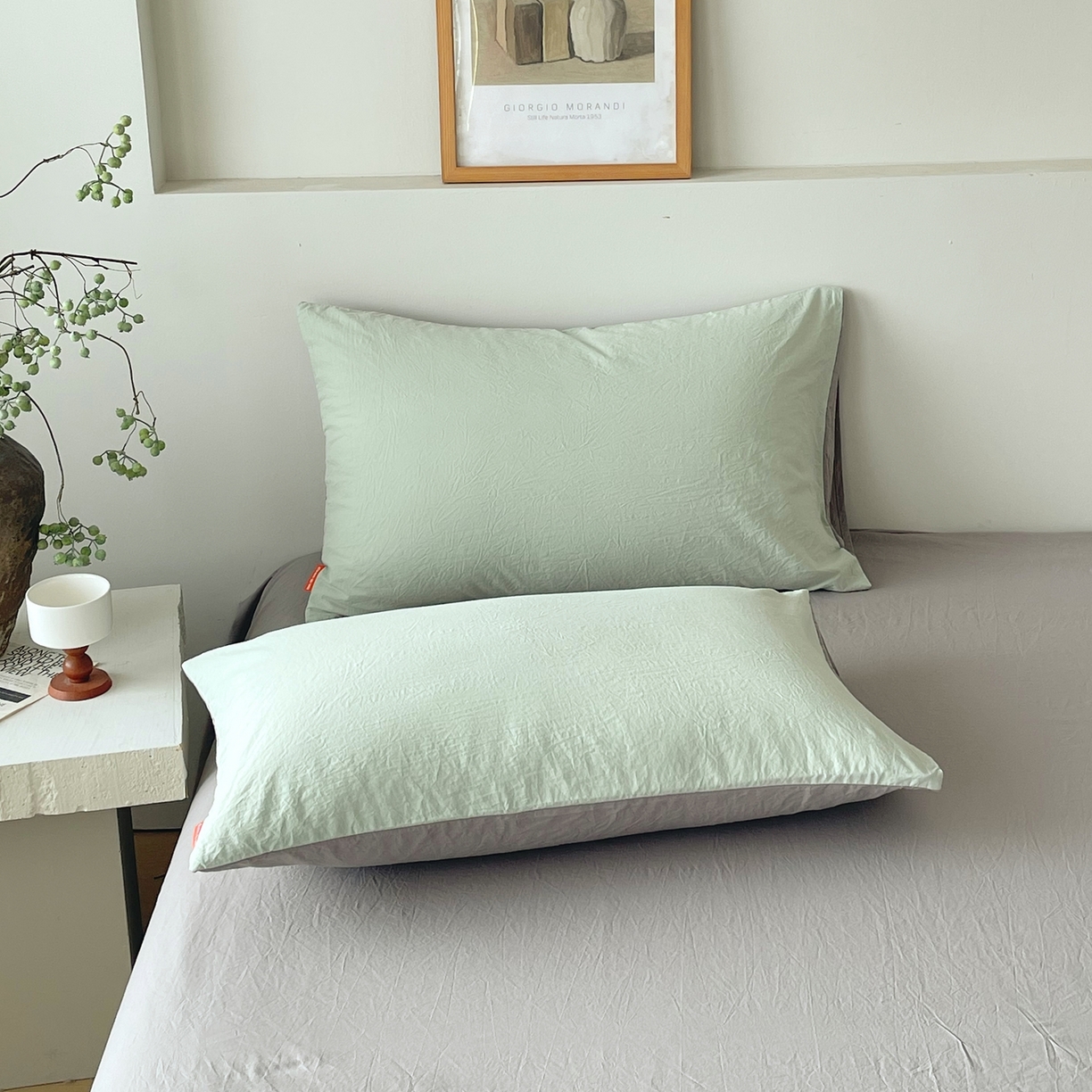 91家纺网 家纺一手货源 找家纺 春皖家纺 2026春夏新款双拼全棉水洗棉单枕套枕套单件单品枕套 薄荷绿-浅灰