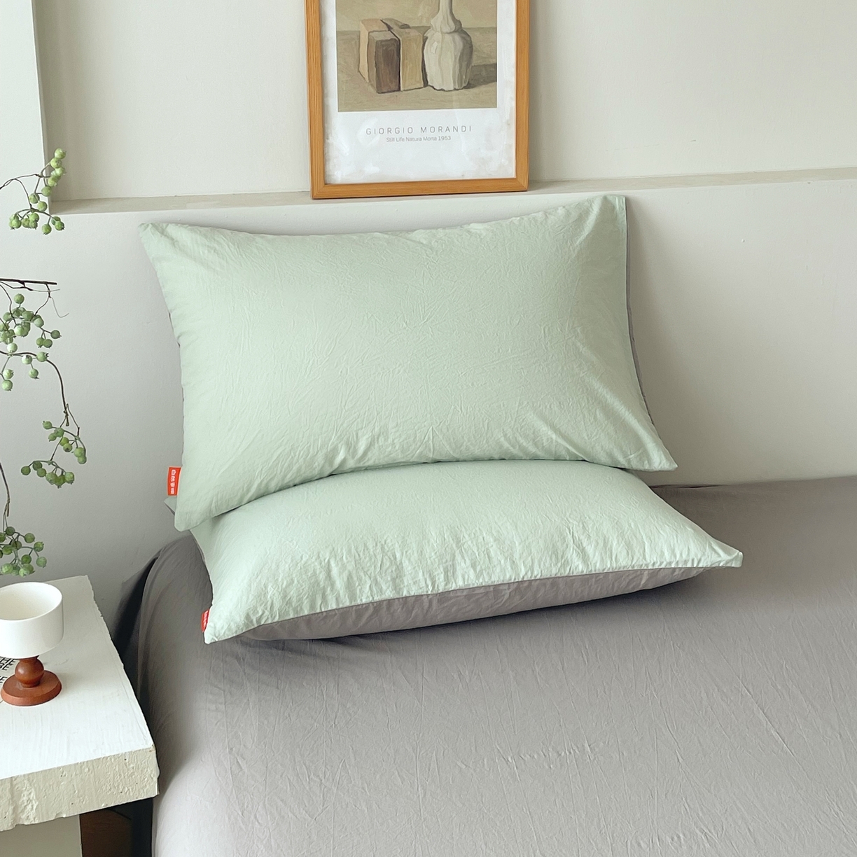 91家纺网 家纺一手货源 找家纺 春皖家纺 2026春夏新款双拼全棉水洗棉单枕套枕套单件单品枕套 薄荷绿-浅灰