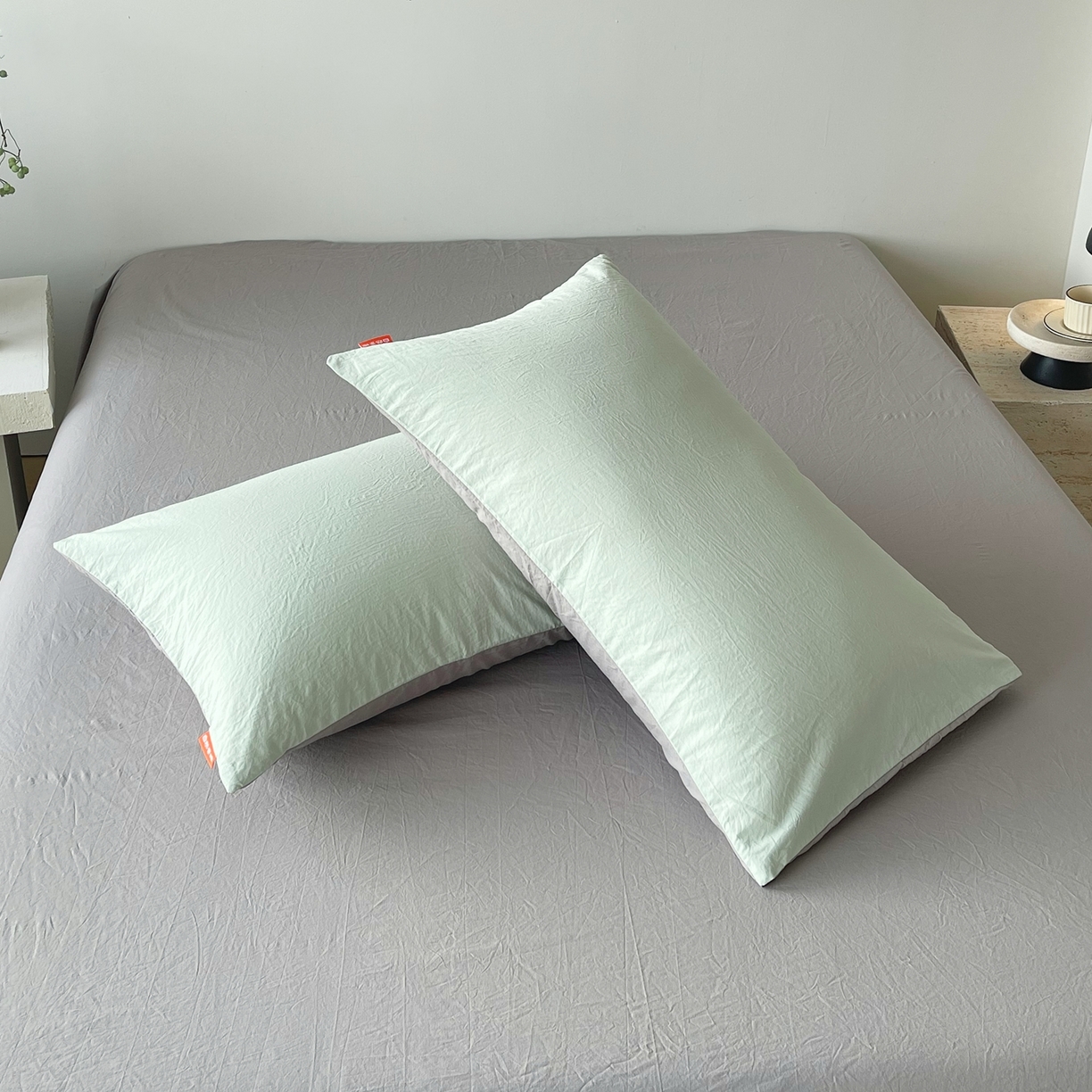 91家纺网 家纺一手货源 找家纺 春皖家纺 2026春夏新款双拼全棉水洗棉单枕套枕套单件单品枕套 薄荷绿-浅灰