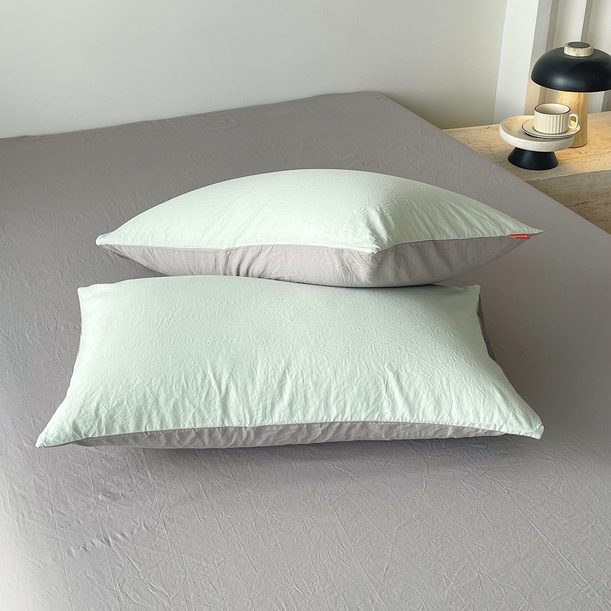 91家纺网 家纺一手货源 找家纺 春皖家纺 2026春夏新款双拼全棉水洗棉单枕套枕套单件单品枕套 薄荷绿-浅灰