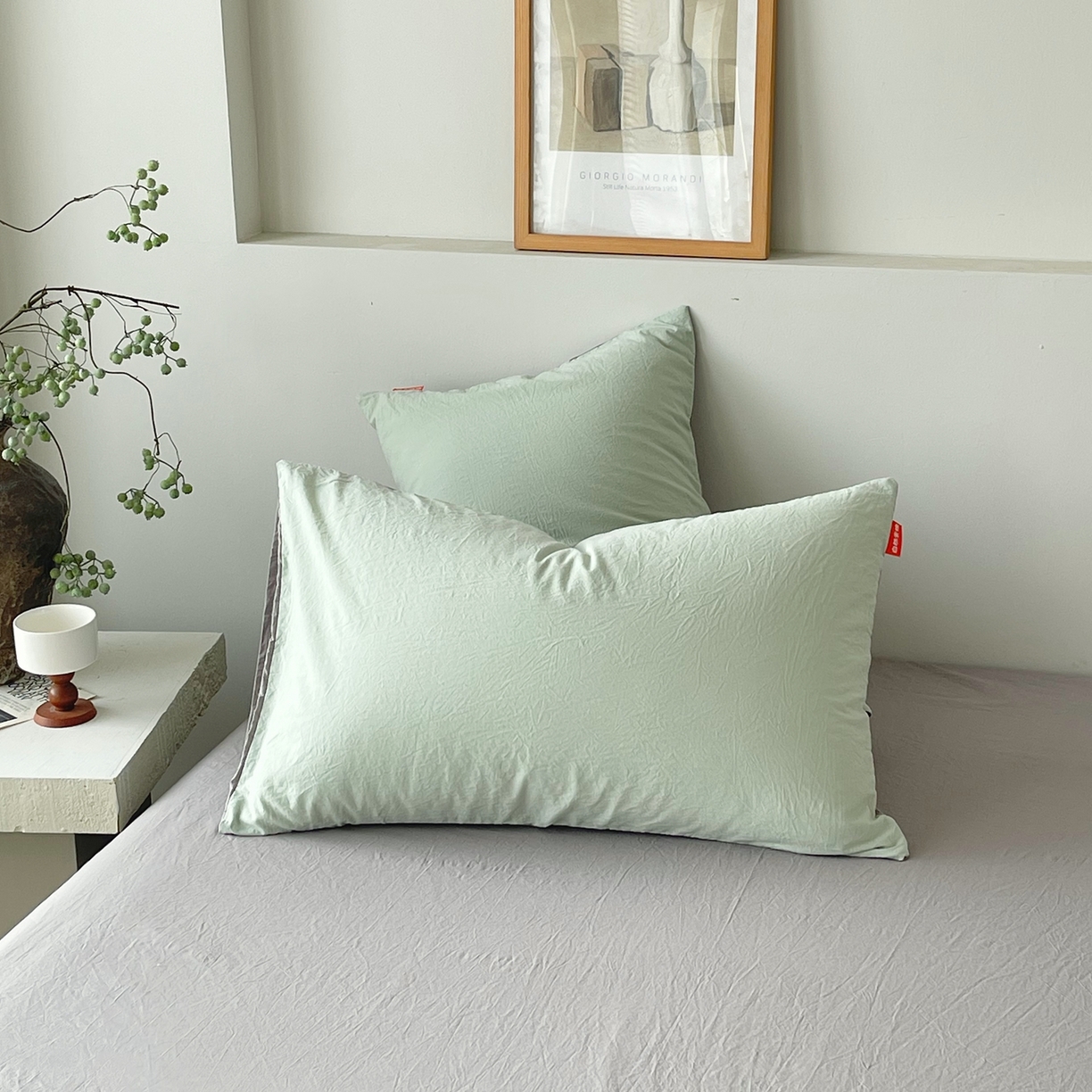 91家纺网 家纺一手货源 找家纺 春皖家纺 2026春夏新款双拼全棉水洗棉单枕套枕套单件单品枕套 薄荷绿-浅灰