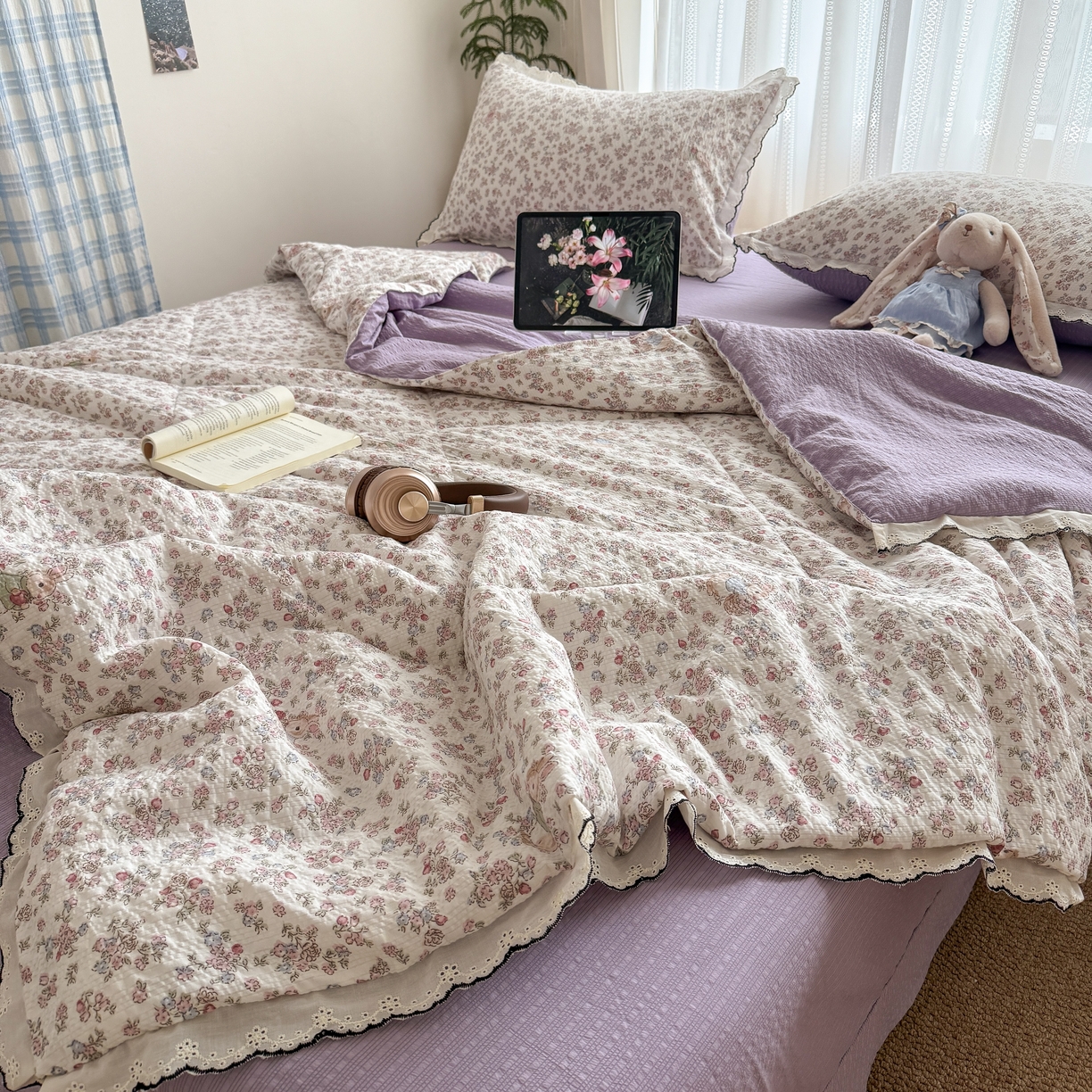 91家纺网 家纺一手货源 找家纺 欧尚 2026新款蕾丝花边夏被款四件套 紫陌