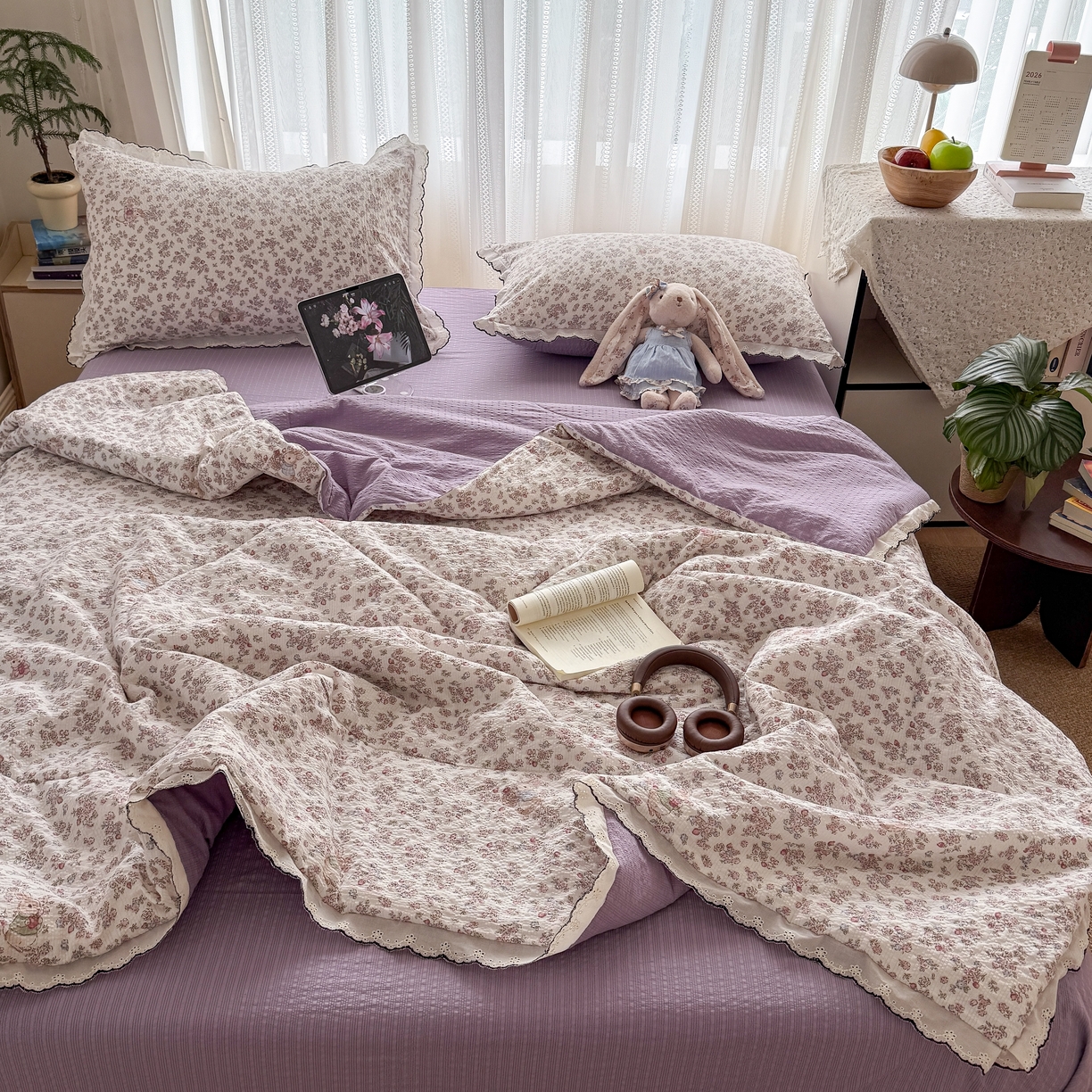 欧尚 2026新款蕾丝花边夏被款四件套 紫陌