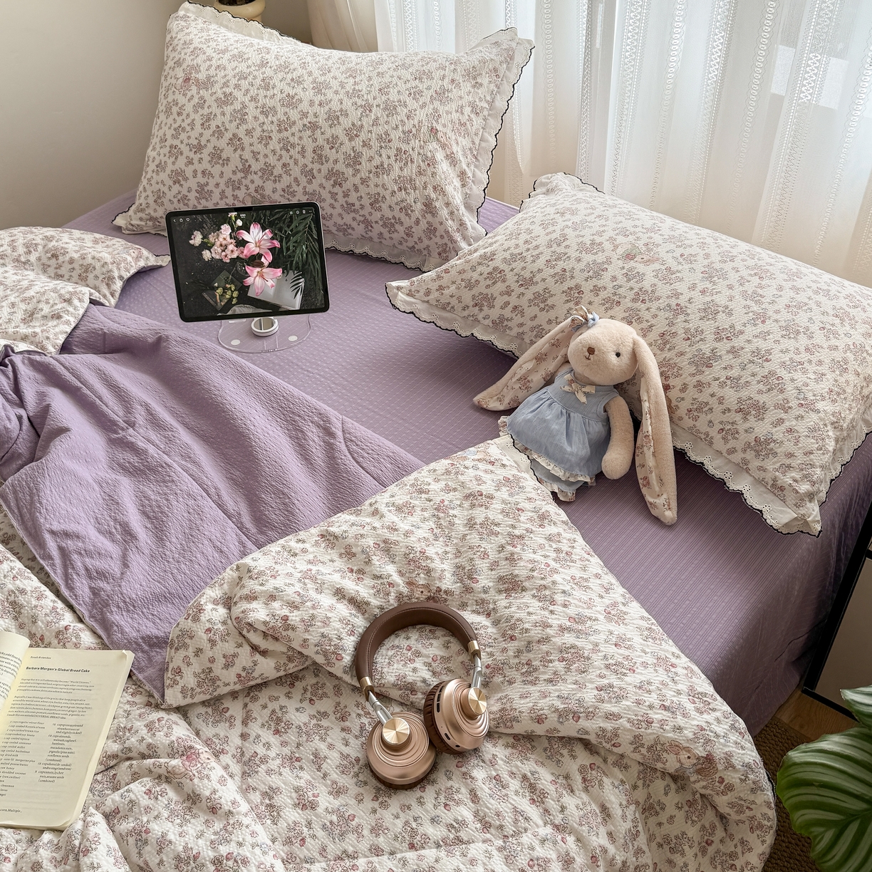 91家纺网 家纺一手货源 找家纺 欧尚 2026新款蕾丝花边夏被款四件套 紫陌