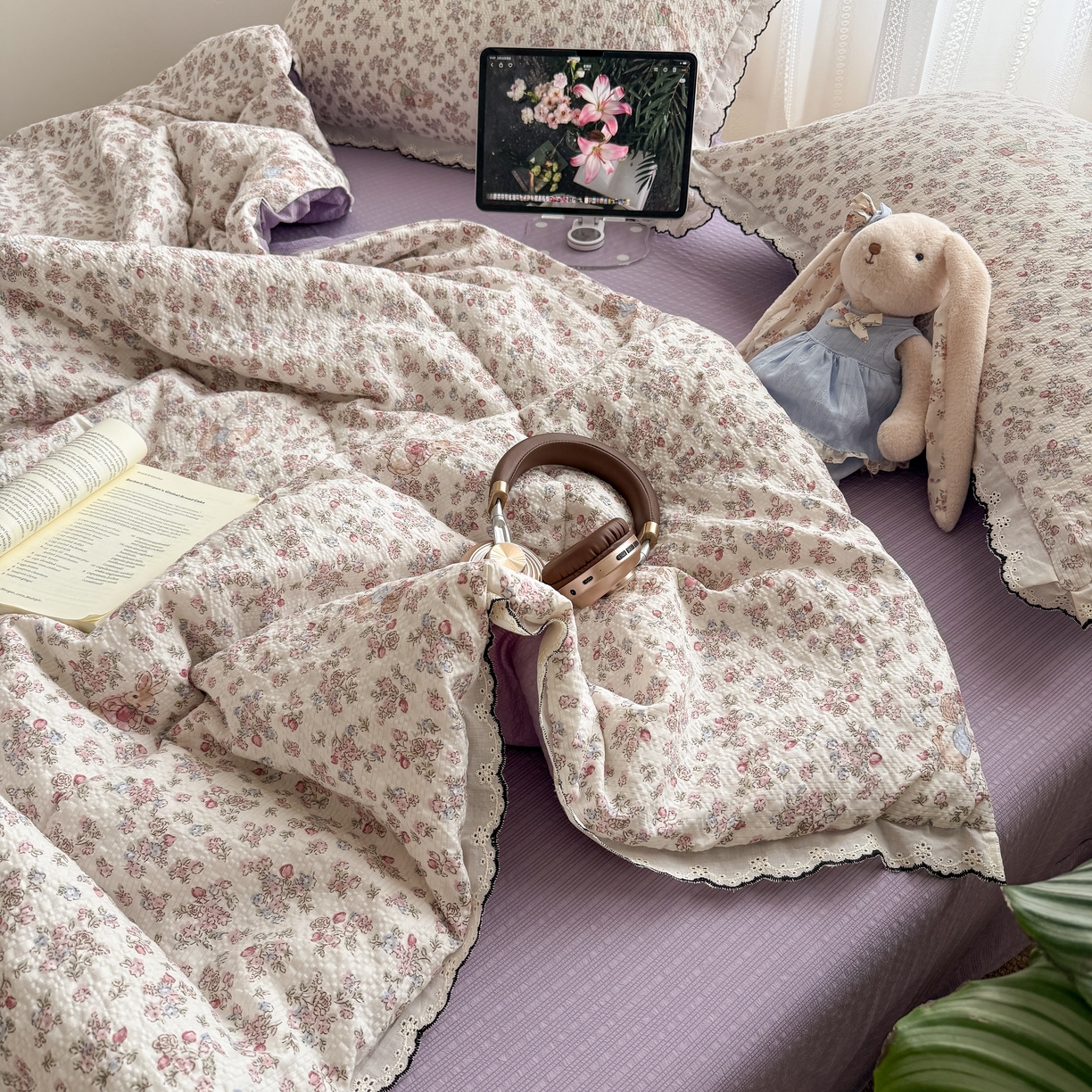 91家纺网 家纺一手货源 找家纺 欧尚 2026新款蕾丝花边夏被款四件套 紫陌