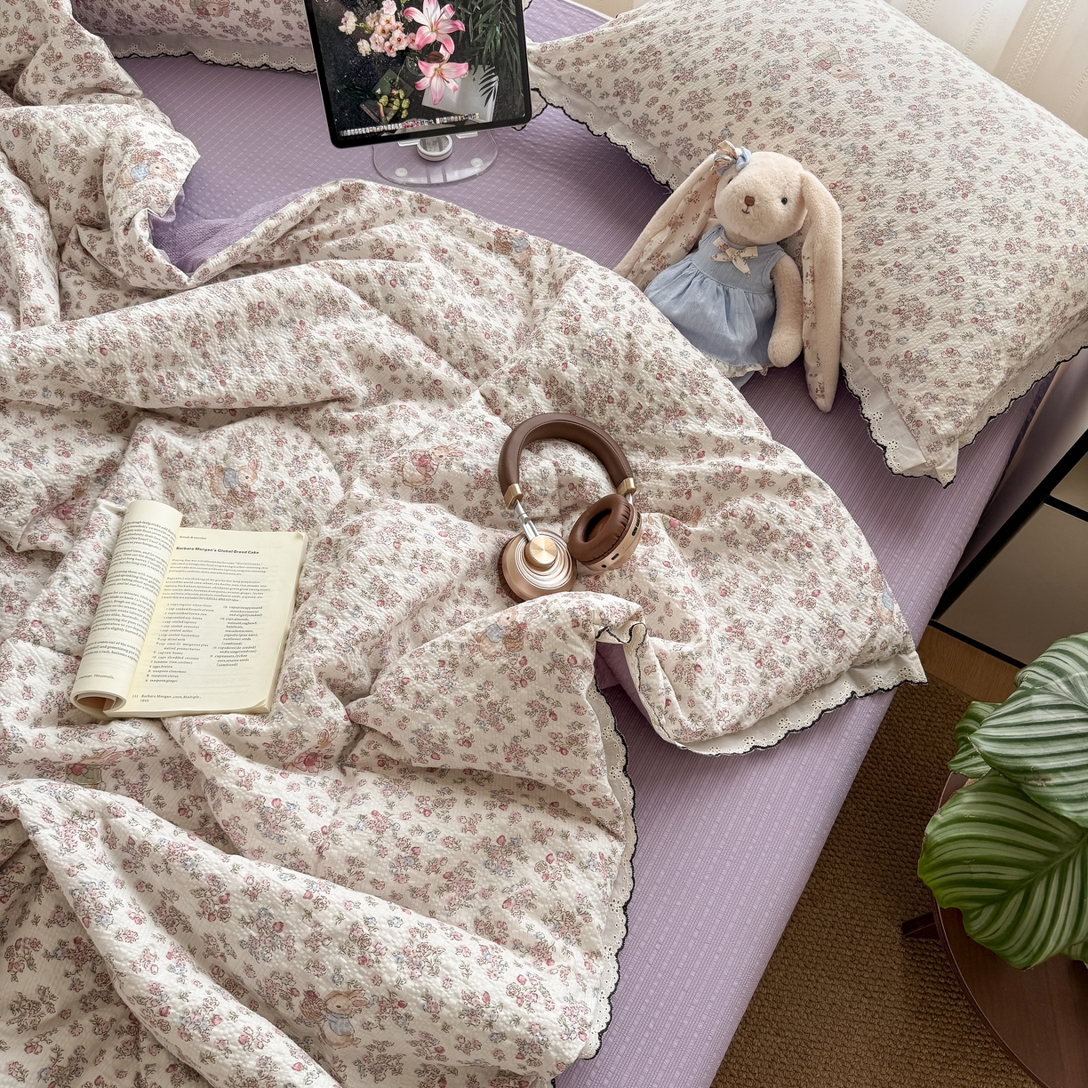 91家纺网 家纺一手货源 找家纺 欧尚 2026新款蕾丝花边夏被款四件套 紫陌