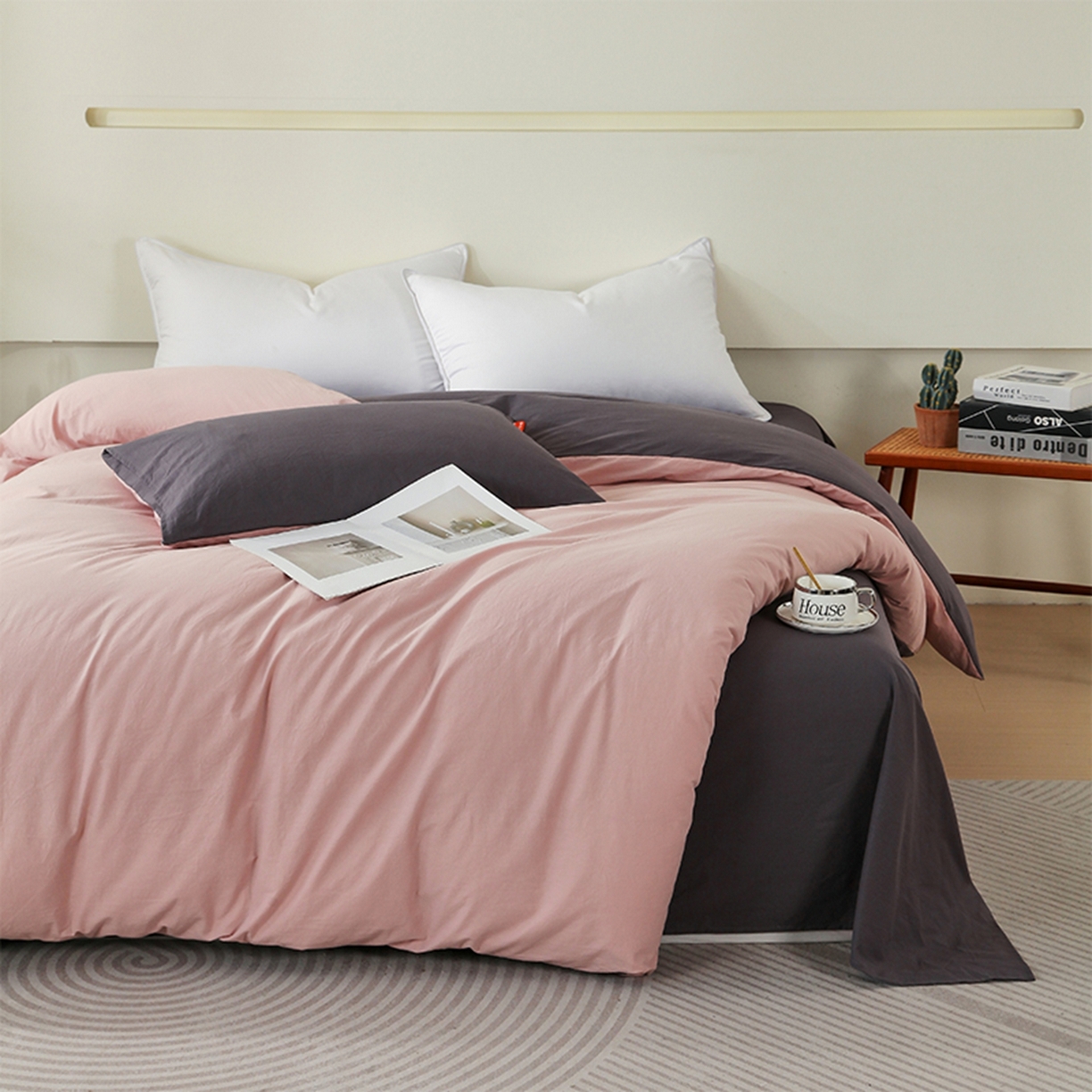 91家纺网 家纺一手货源 找家纺 春皖家纺 2026春夏新款双拼全棉水洗棉单被套被套单件单品被套 豆沙墨灰