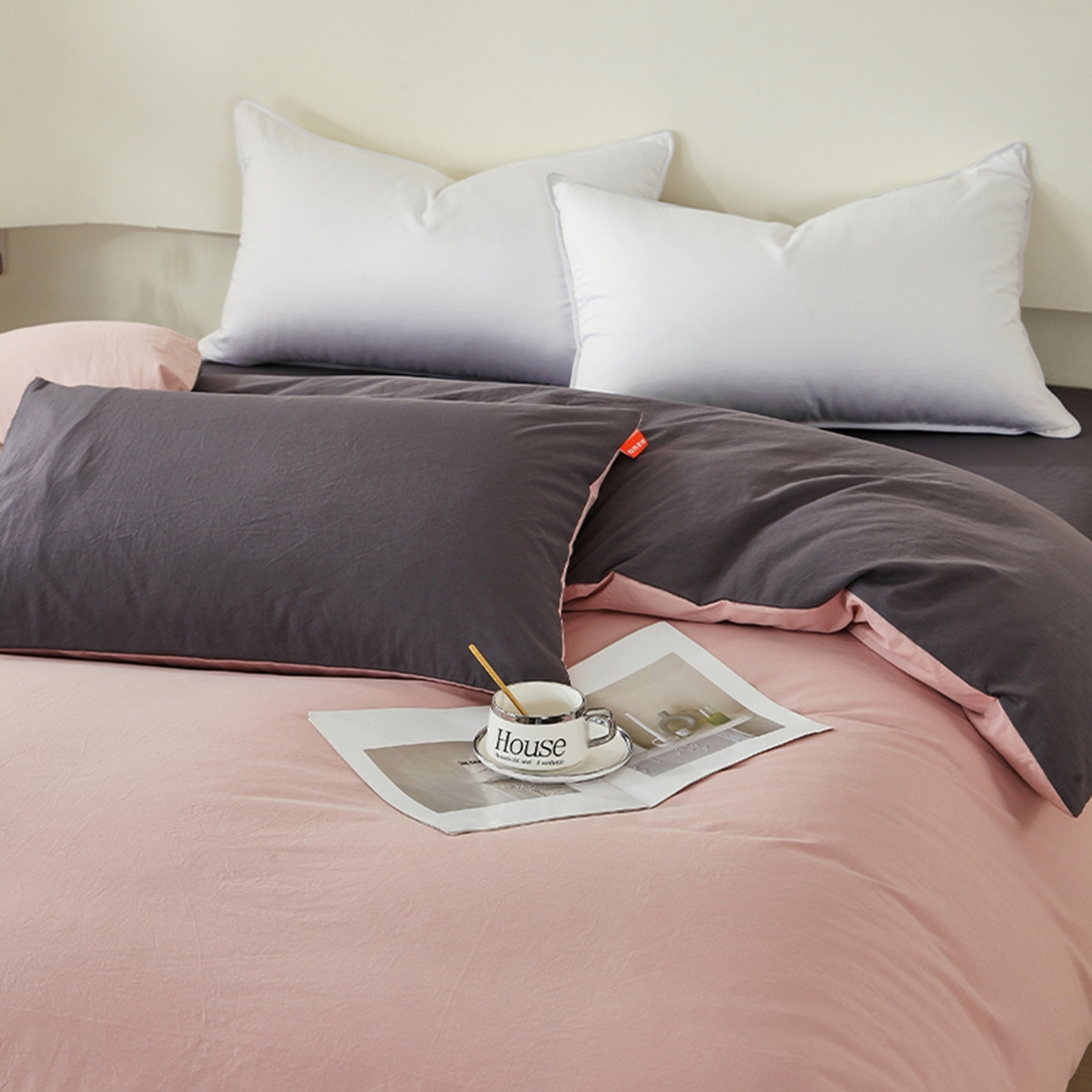91家纺网 家纺一手货源 找家纺 春皖家纺 2026春夏新款双拼全棉水洗棉单被套被套单件单品被套 豆沙墨灰