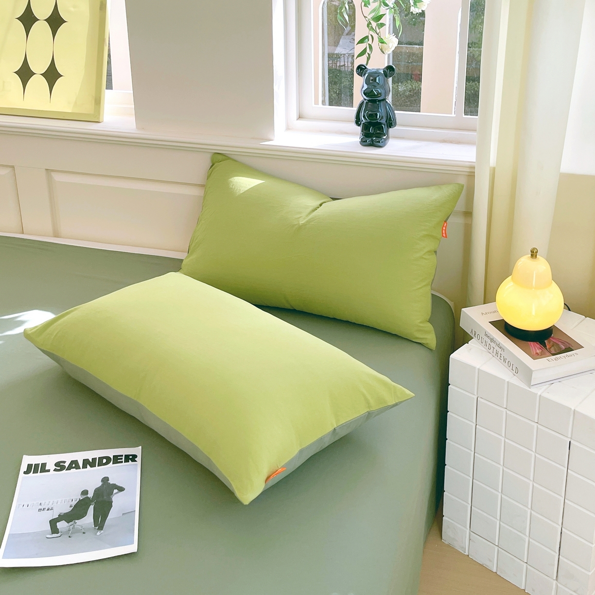 91家纺网 家纺一手货源 找家纺 春皖家纺 2026春夏新款双拼全棉水洗棉单枕套枕套单件单品枕套 果绿-墨绿