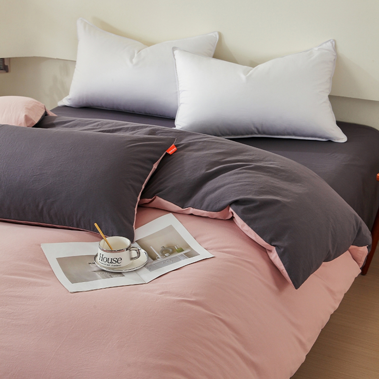 91家纺网 家纺一手货源 找家纺 春皖家纺 2026春夏新款双拼全棉水洗棉单被套被套单件单品被套 豆沙墨灰