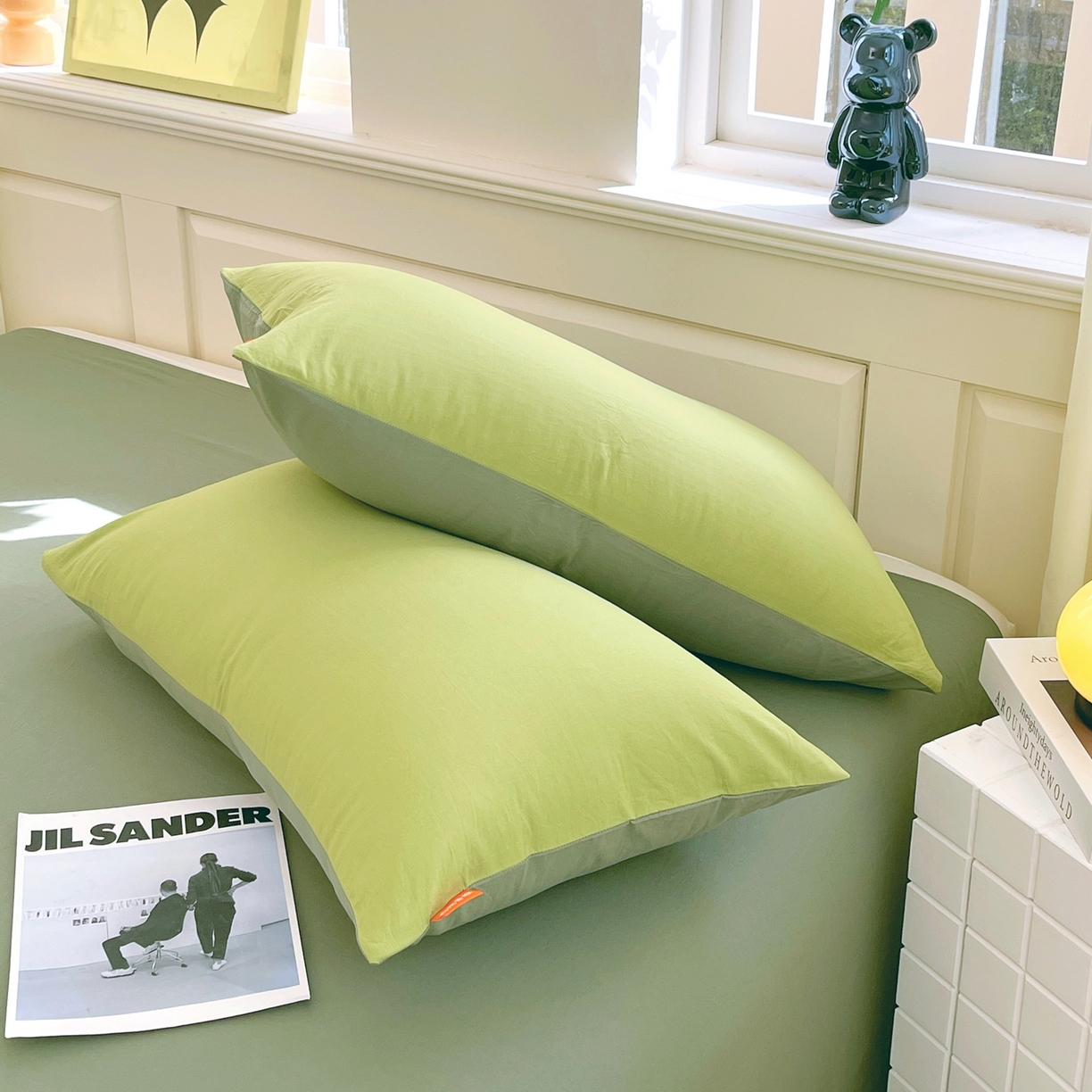 91家纺网 家纺一手货源 找家纺 春皖家纺 2026春夏新款双拼全棉水洗棉单枕套枕套单件单品枕套 果绿-墨绿