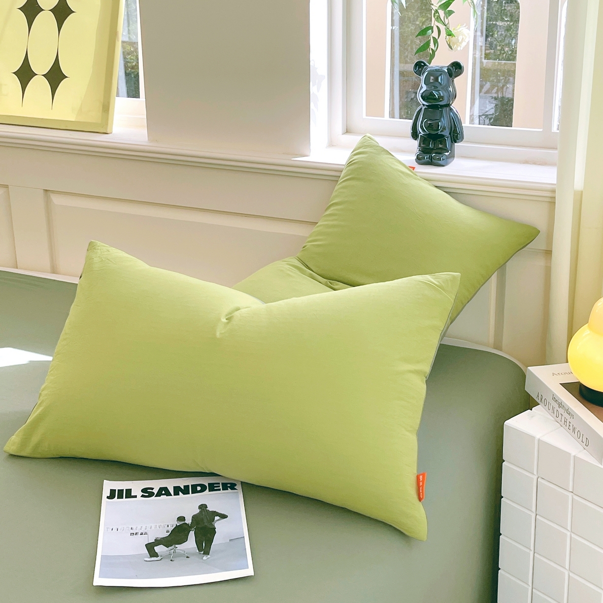 91家纺网 家纺一手货源 找家纺 春皖家纺 2026春夏新款双拼全棉水洗棉单枕套枕套单件单品枕套 果绿-墨绿