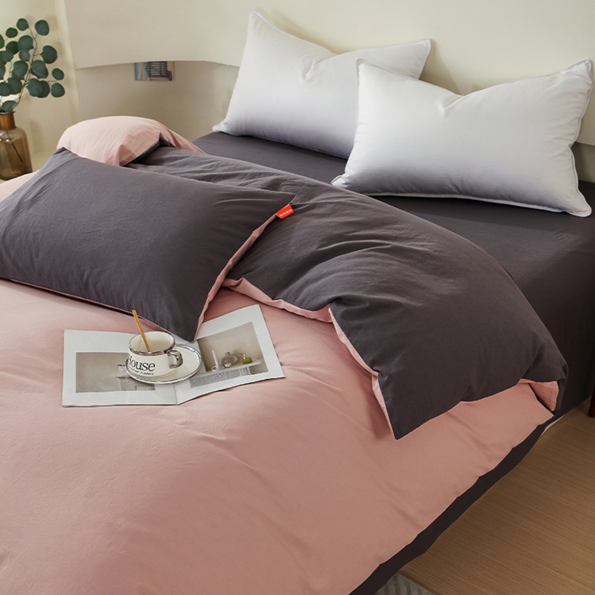 91家纺网 家纺一手货源 找家纺 春皖家纺 2026春夏新款双拼全棉水洗棉单被套被套单件单品被套 豆沙墨灰