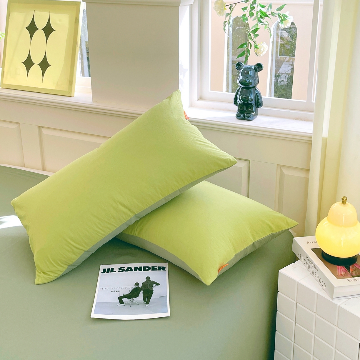 91家纺网 家纺一手货源 找家纺 春皖家纺 2026春夏新款双拼全棉水洗棉单枕套枕套单件单品枕套 果绿-墨绿