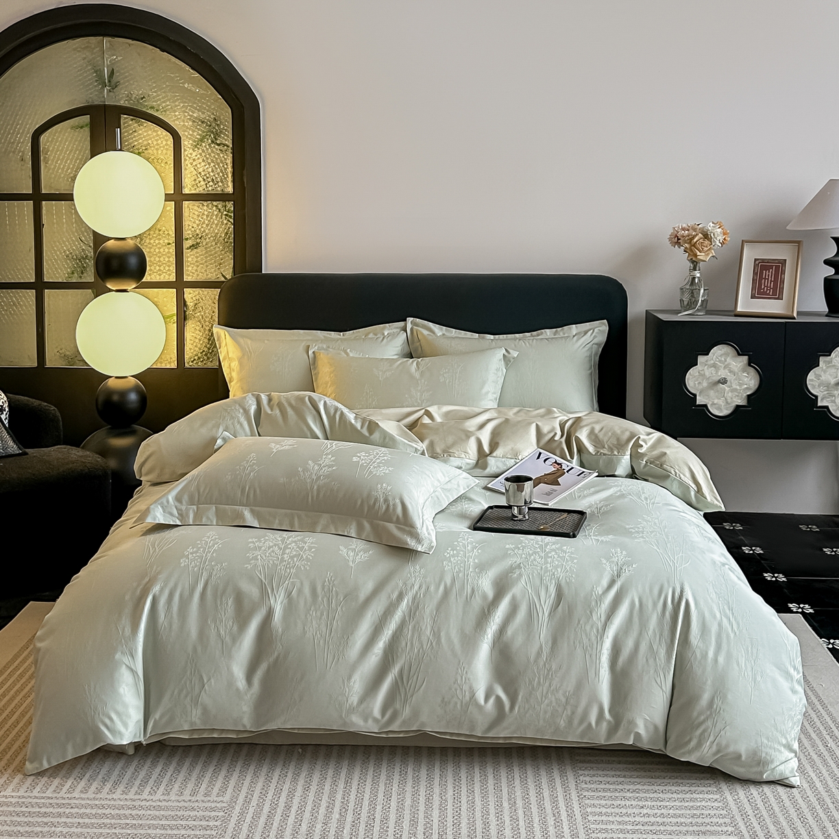 宅家居 2026新款轻奢A类60支立体浮雕长绒棉纯棉提花贡缎全棉四件套光泽绸缎感三件套 清风颂雅-浅绿