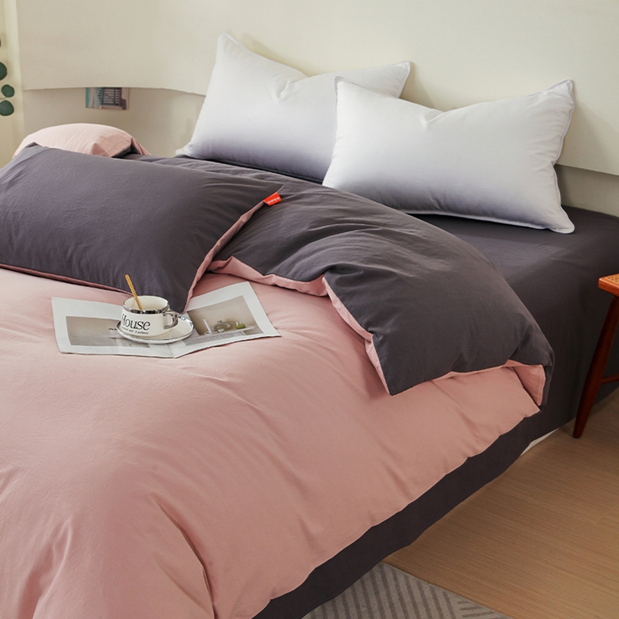 91家纺网 家纺一手货源 找家纺 春皖家纺 2026春夏新款双拼全棉水洗棉单被套被套单件单品被套 豆沙墨灰
