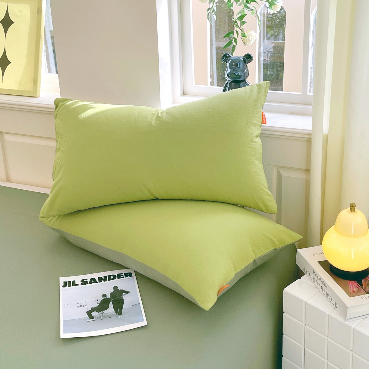 91家纺网 家纺一手货源 找家纺 春皖家纺 2026春夏新款双拼全棉水洗棉单枕套枕套单件单品枕套 果绿-墨绿