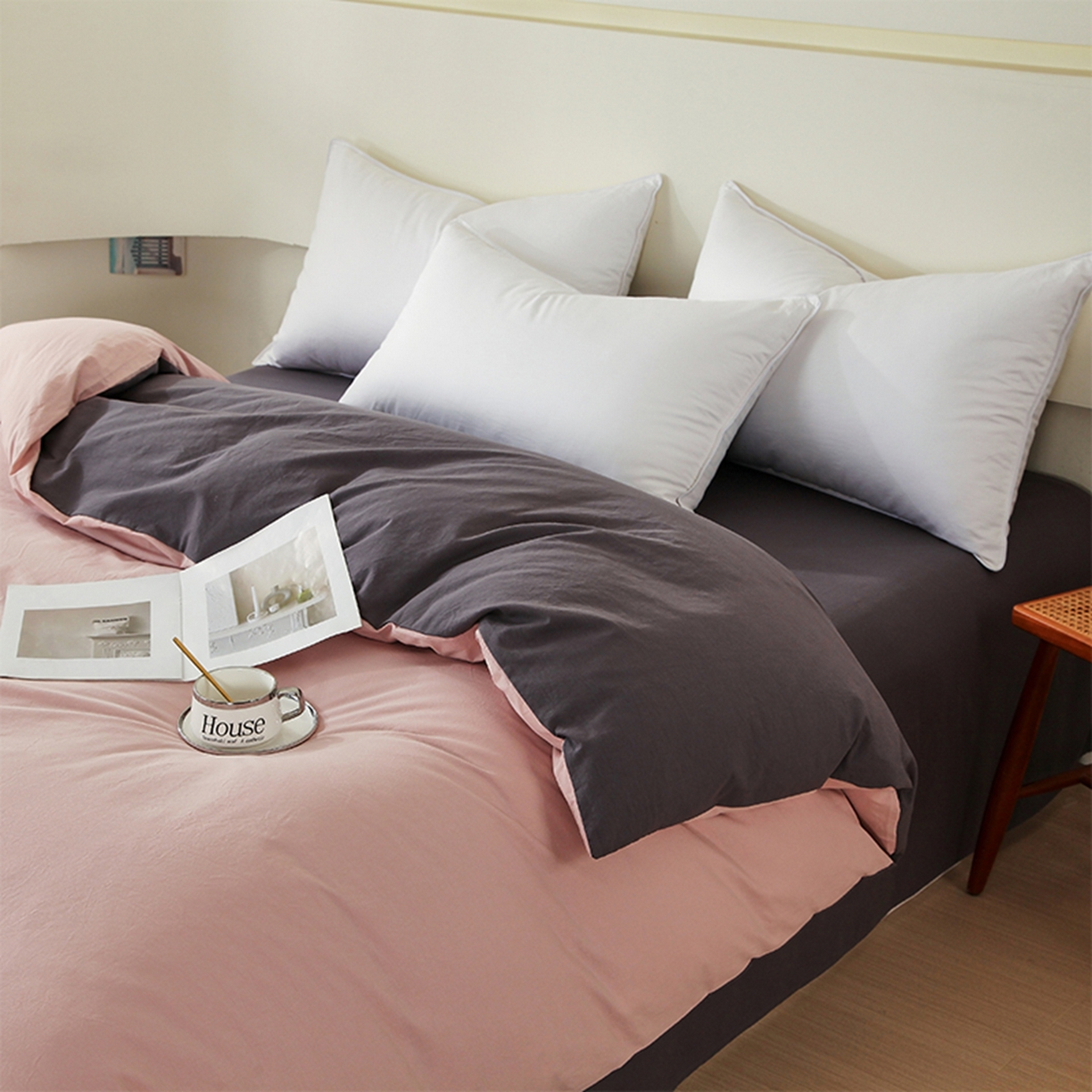 91家纺网 家纺一手货源 找家纺 春皖家纺 2026春夏新款双拼全棉水洗棉单被套被套单件单品被套 豆沙墨灰