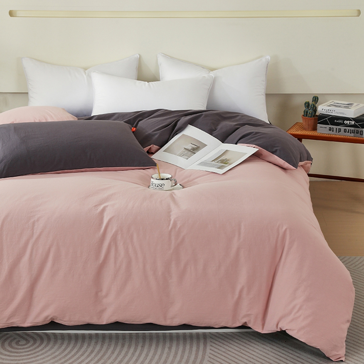 91家纺网 家纺一手货源 找家纺 春皖家纺 2026春夏新款双拼全棉水洗棉单被套被套单件单品被套 豆沙墨灰