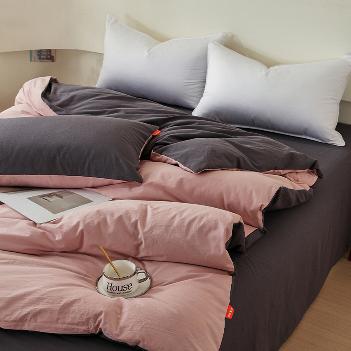 91家纺网 家纺一手货源 找家纺 春皖家纺 2026春夏新款双拼全棉水洗棉单被套被套单件单品被套 豆沙墨灰