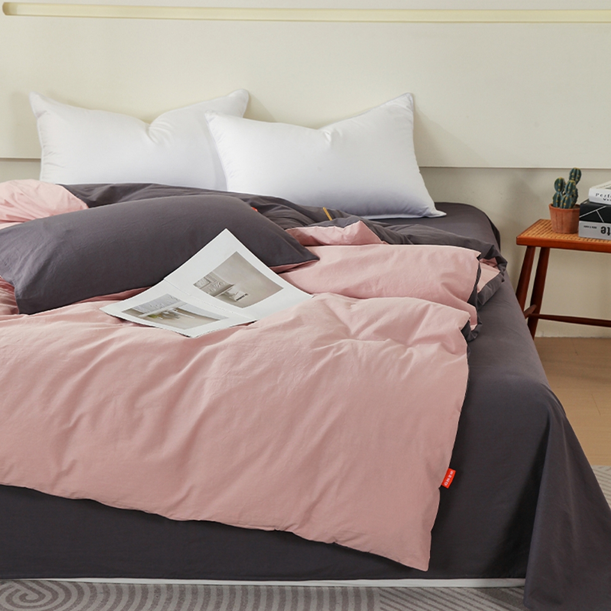 91家纺网 家纺一手货源 找家纺 春皖家纺 2026春夏新款双拼全棉水洗棉单被套被套单件单品被套 豆沙墨灰