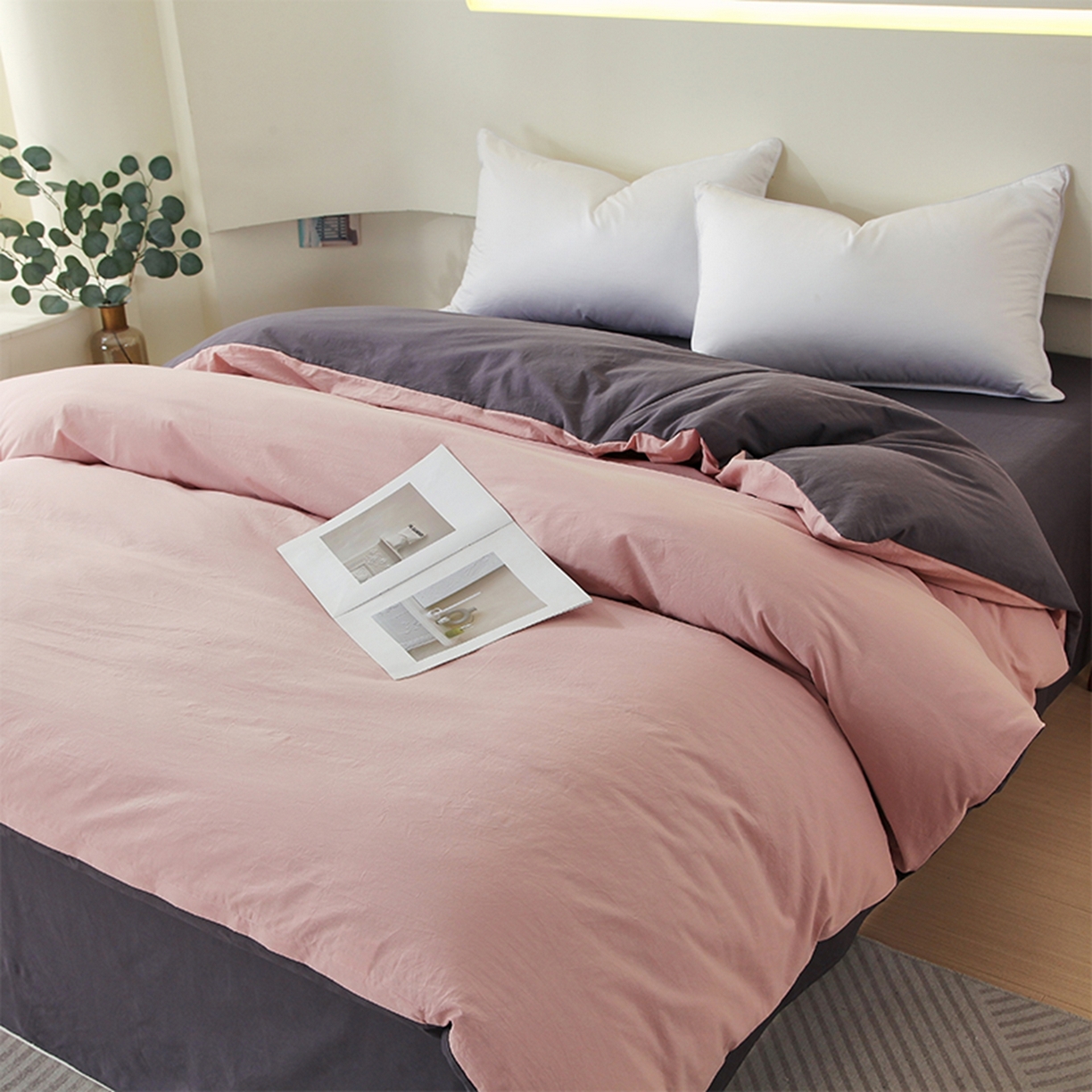 91家纺网 家纺一手货源 找家纺 春皖家纺 2026春夏新款双拼全棉水洗棉单被套被套单件单品被套 豆沙墨灰