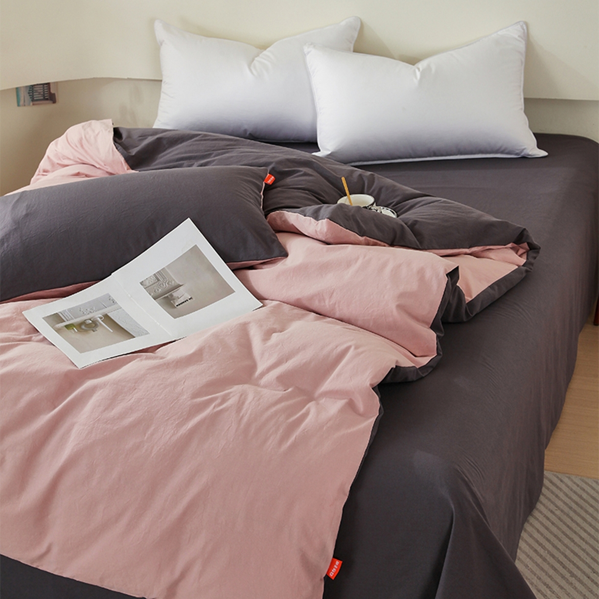 91家纺网 家纺一手货源 找家纺 春皖家纺 2026春夏新款双拼全棉水洗棉单被套被套单件单品被套 豆沙墨灰